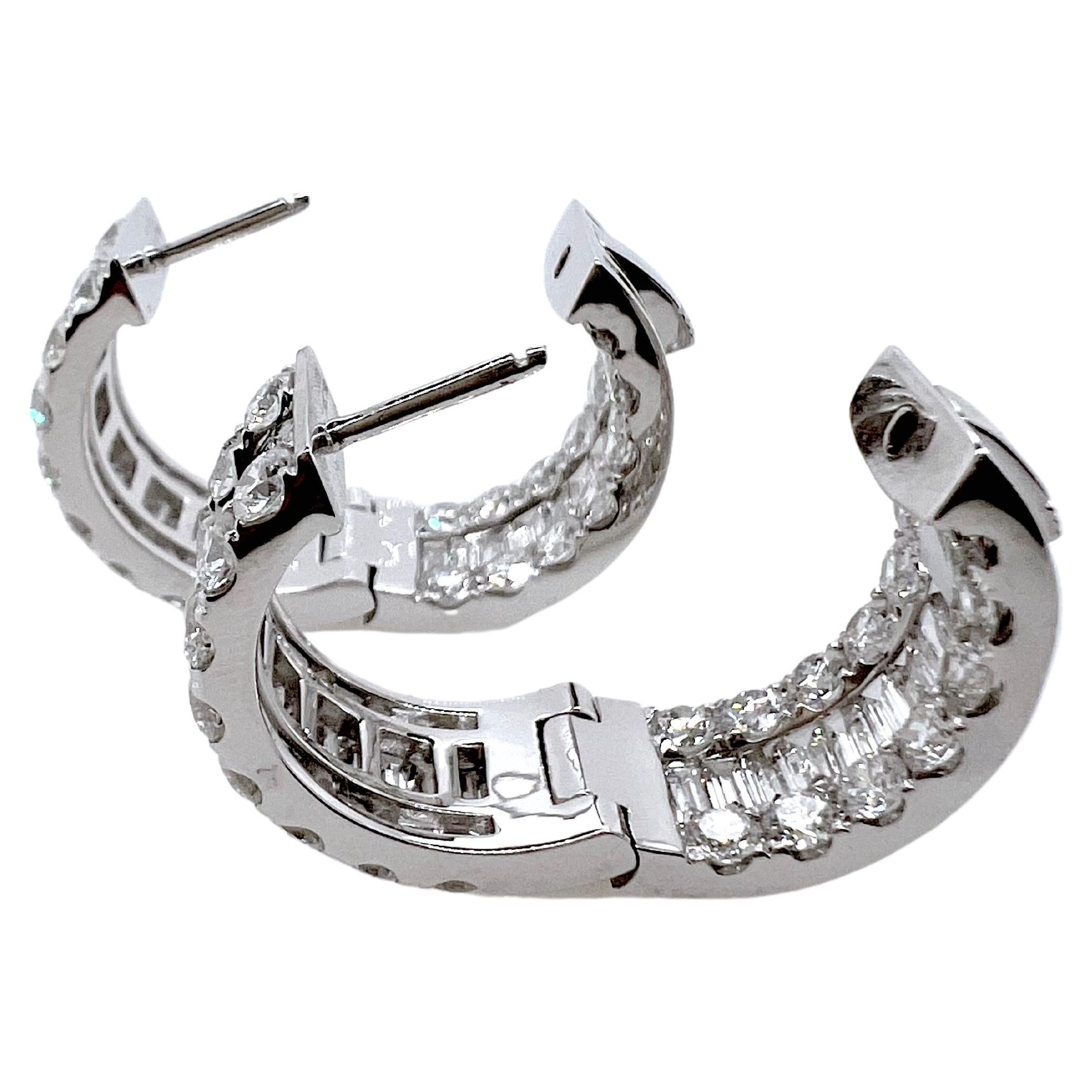 Baguette Cut 18k White Gold Diamond Hoop Inside Outside Earrings