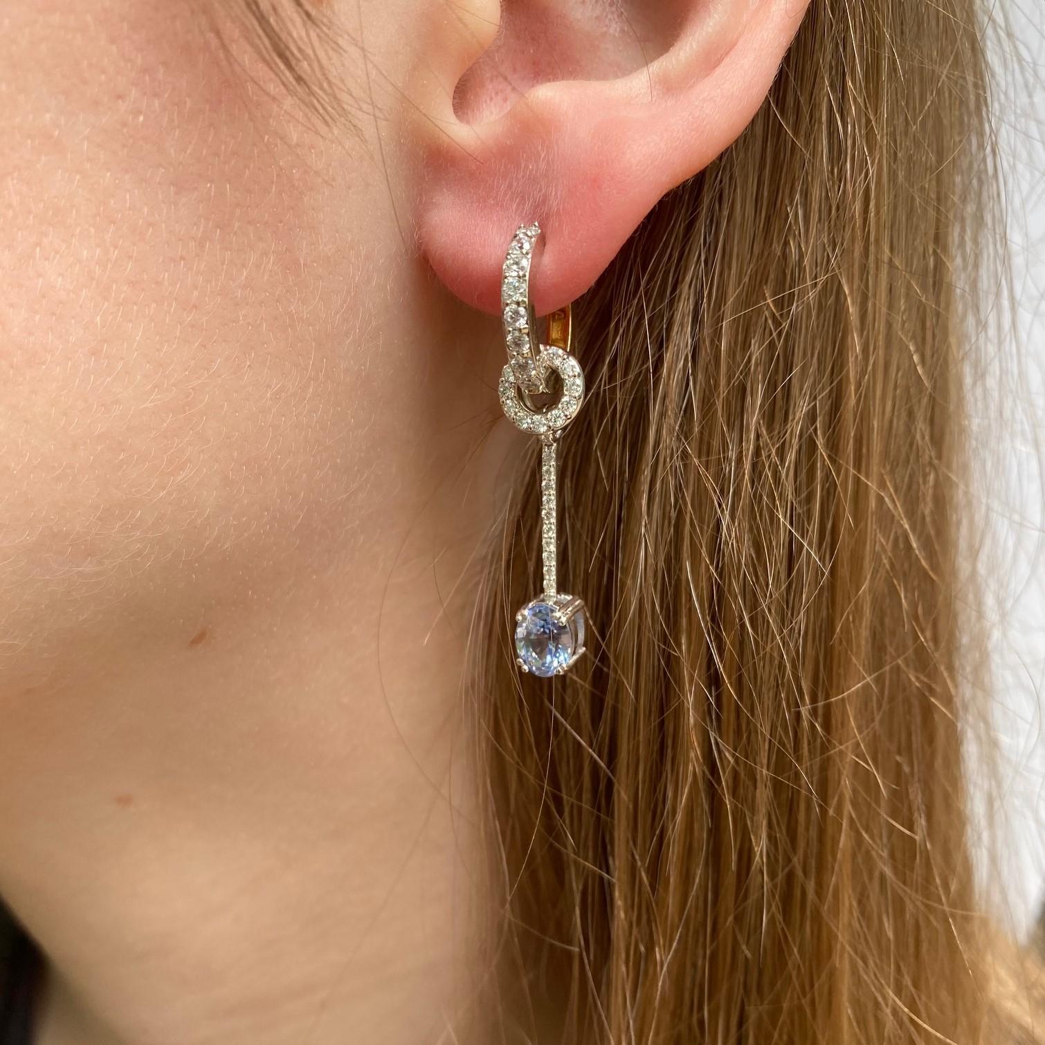 Oval Cut 18 Karat Gold Diamond Hoops with Silver Sapphire and Diamond Earring Jackets