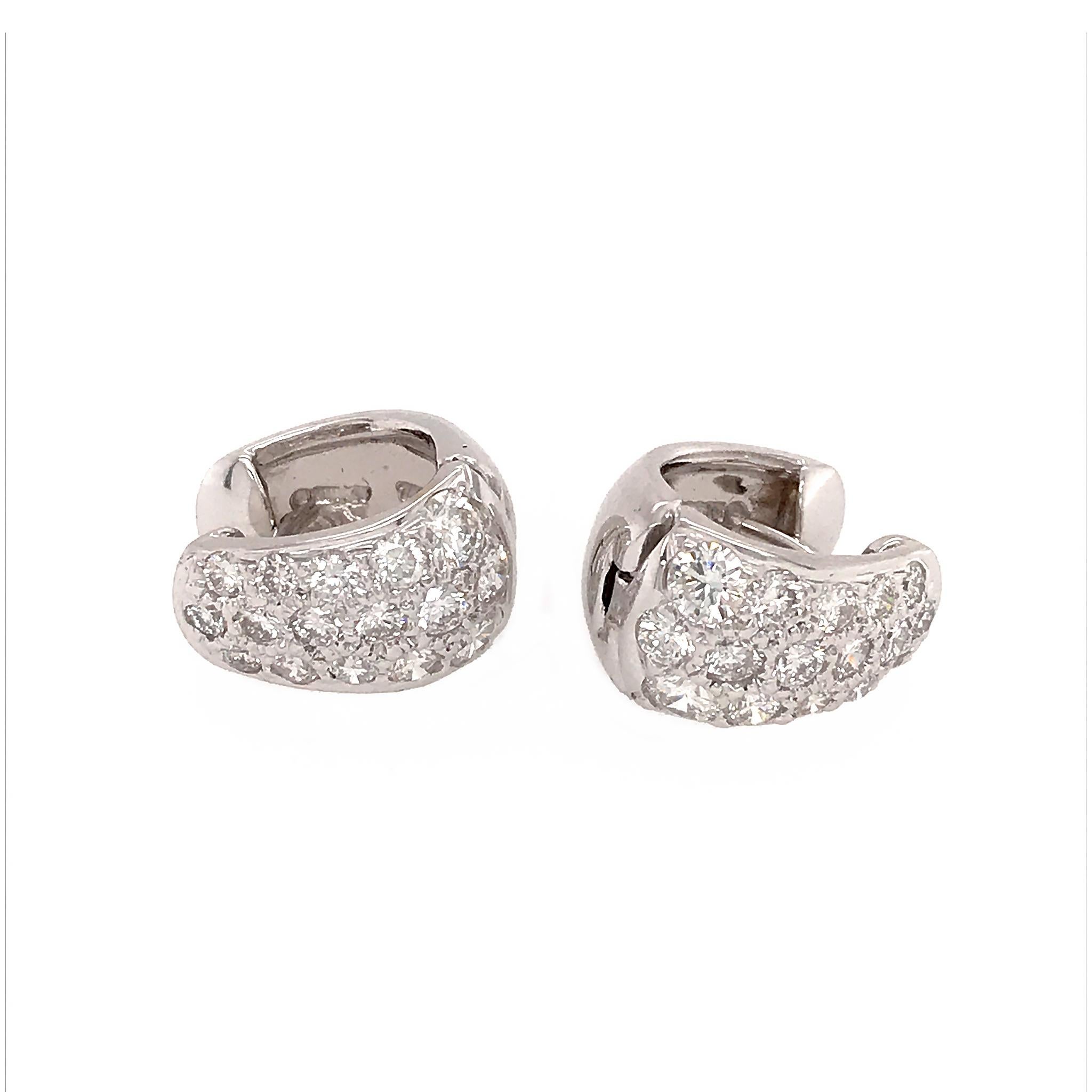 Round Cut 18 Karat White Gold Diamond Huggie Earrings