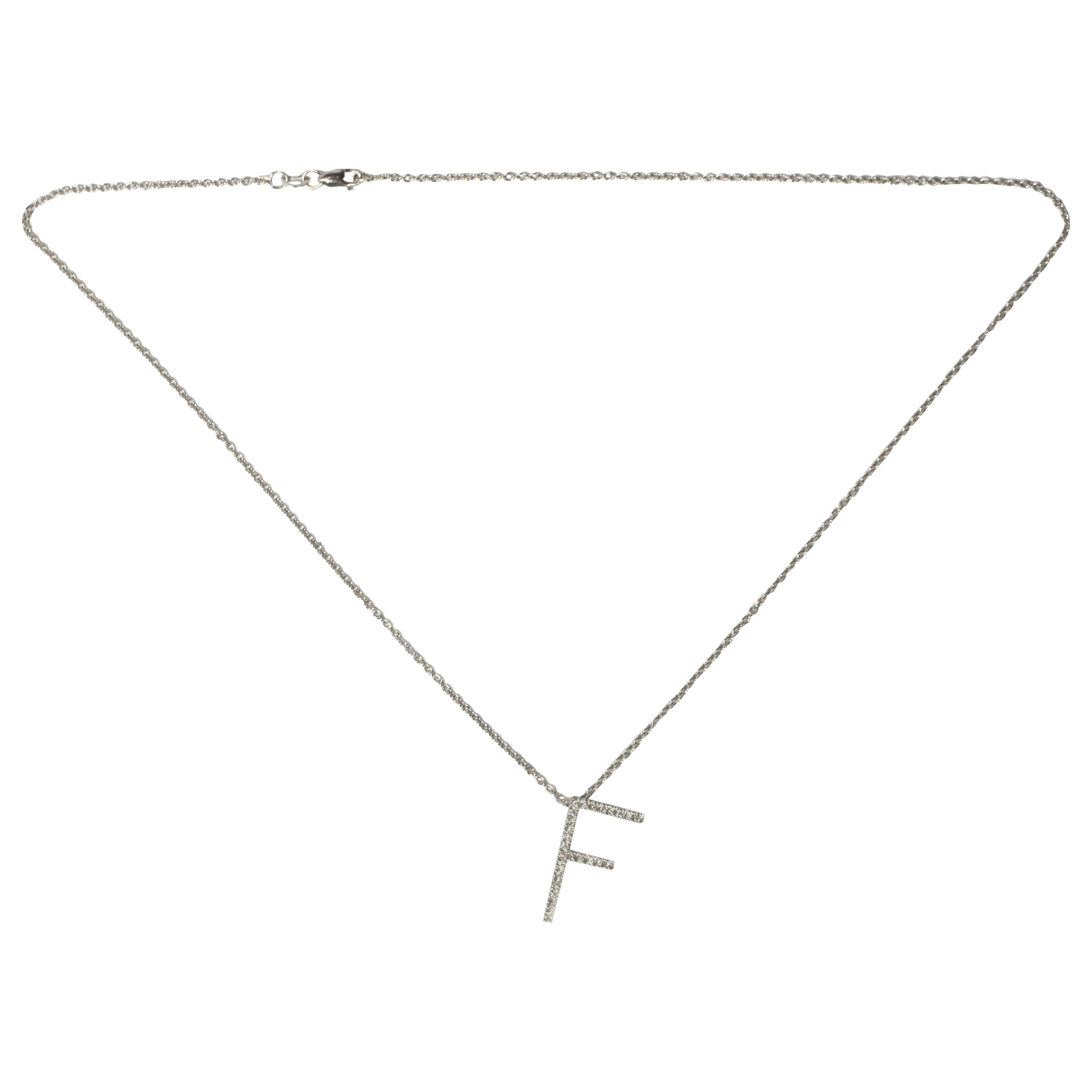 18k White Gold Diamond Initial Letter F Pendant Necklace