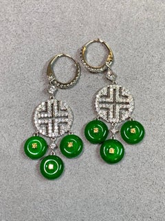 18K White Gold Diamond & Jade Disc Drop Earrings Yellow Diamond Accents