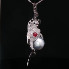 18K White Gold Diamond & Keshi Pearl Octopus Pendant with Ruby Eyes - Ocean love
