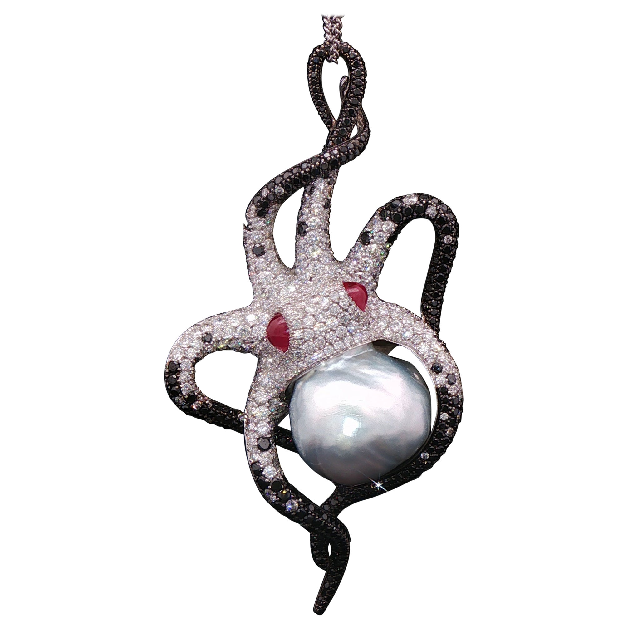 18K White Gold Diamond
Keshi Pearl Octopus Pendant with Ruby Eyes - Ocean love