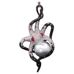 18K White Gold Diamond & Keshi Pearl Octopus Pendant with Ruby Eyes - Ocean love 18K White Gold Diamond & Keshi Pearl Octopus Pendant with Ruby Eyes - Ocean love