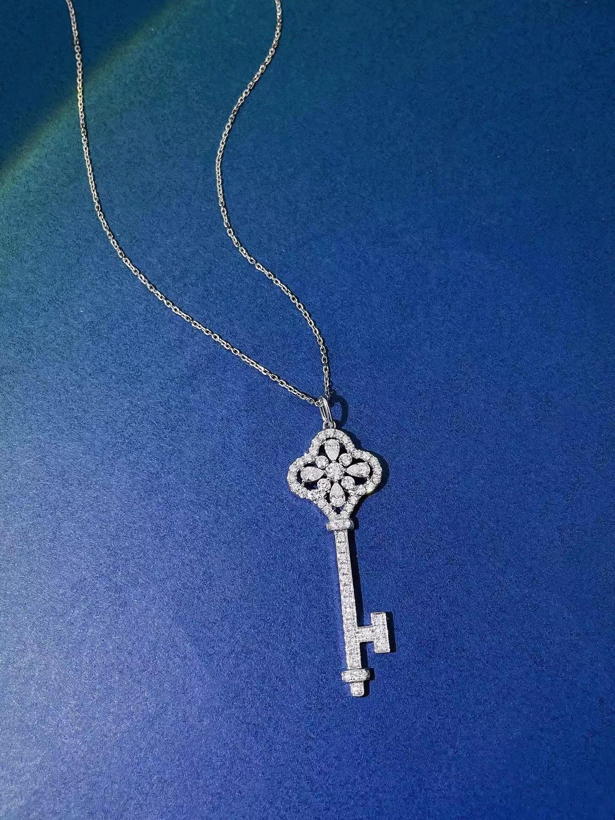Women's or Men's 18K White Gold Diamond Key Necklace For Sale
