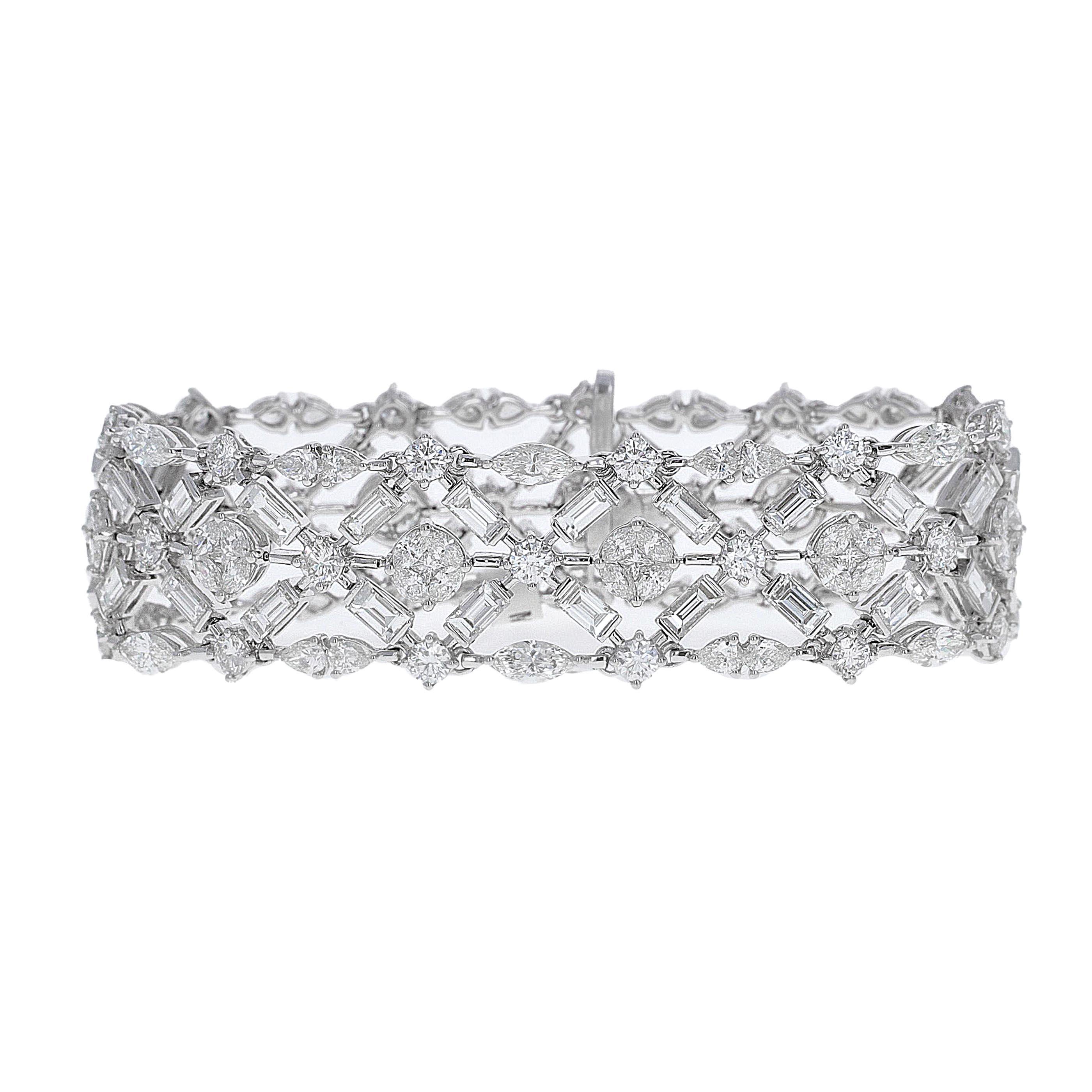 Außergewöhnliches Tennisarmband aus 18 Karat Weißgold und Diamanten, inspiriert von der Ära des Art déco. Es gibt 17,88 Karat Diamanten in gemischter Form: Baguette, Marquise, Birne, Prinzessin und Brillant. Die Diamanten sind in ein Gittermuster