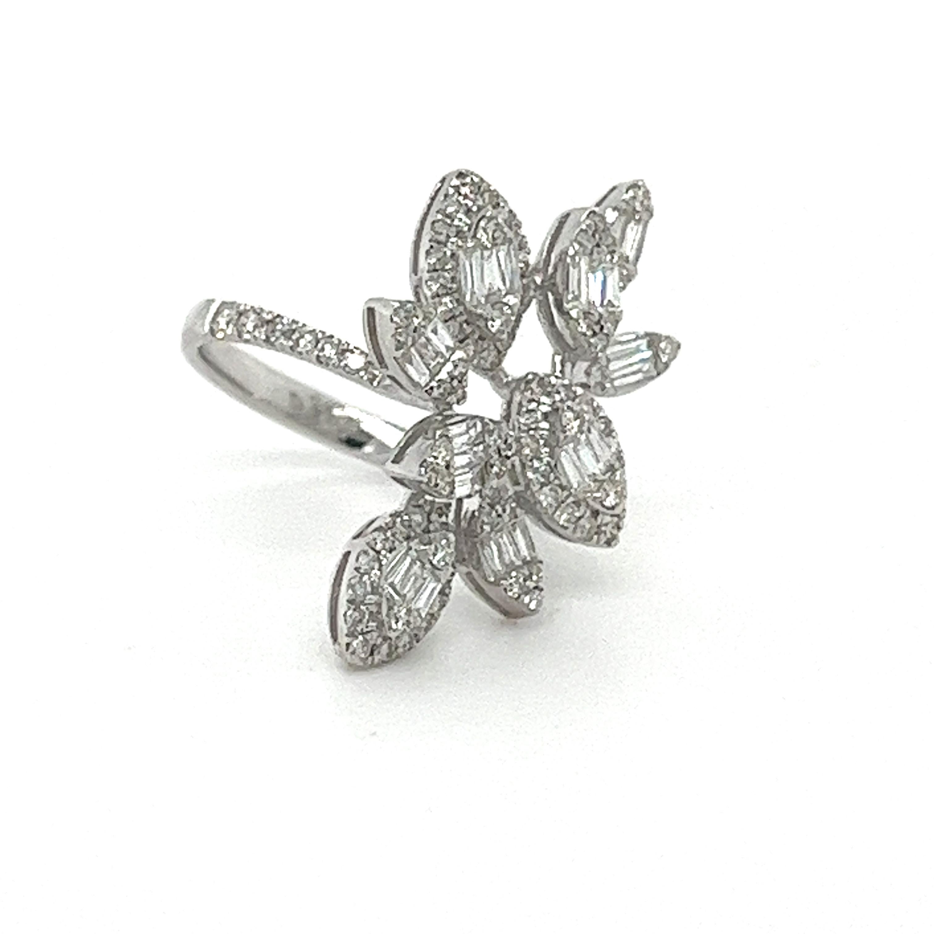 Modern 18K White Gold Diamond Leaf Ring For Sale