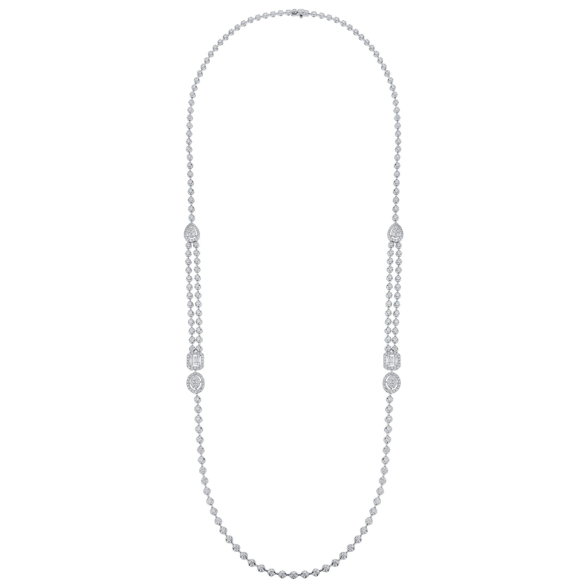This necklace is made in 18K white gold and features 323 round cut diamonds weighing 8.86 carats. With 12 baguette cut diamonds weighing 0.46 carats. Necklace has a color grade (I) and clarity grade (SI1). All diamonds are prong set.