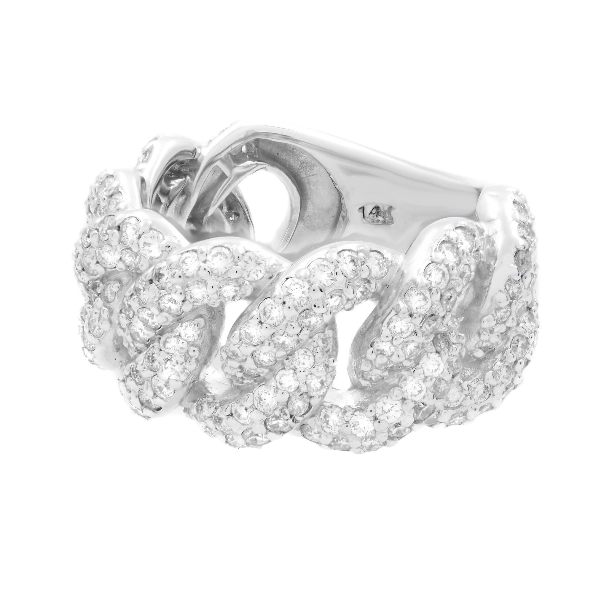 A brilliant 14K white gold diamond Cuban link diamond unisex ring. Size 8.5. set with 2.40cttw white round cut diamonds. Diamond color G-H and VS-SI clarity. Width of the ring is 11.60mm. The ring comes with a presentable gift box and our companies
