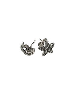 18K White Gold Diamond Moon and Star Stud Earrings #23620