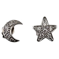 18K White Gold Diamond Moon and Star Stud Earrings #23620