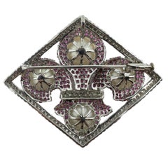 18K White Gold Diamond, Multicolor Sapphire and Pearl Brooch and Pendant