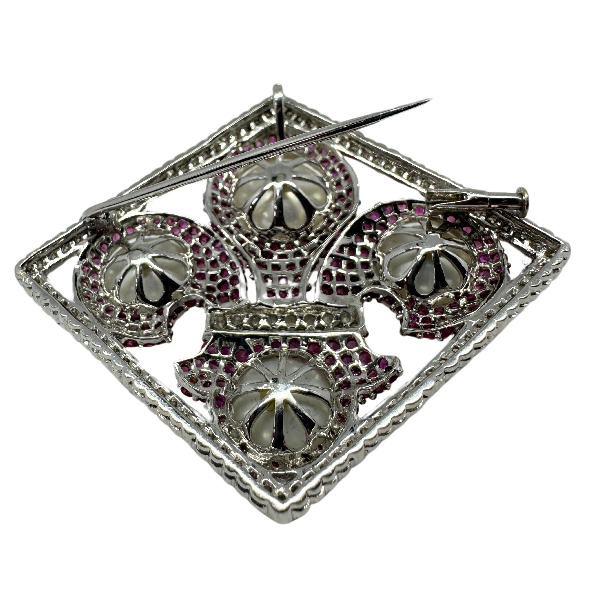 Modern 18K White Gold Diamond, Multicolor Sapphire and Pearl Brooch and Pendant For Sale
