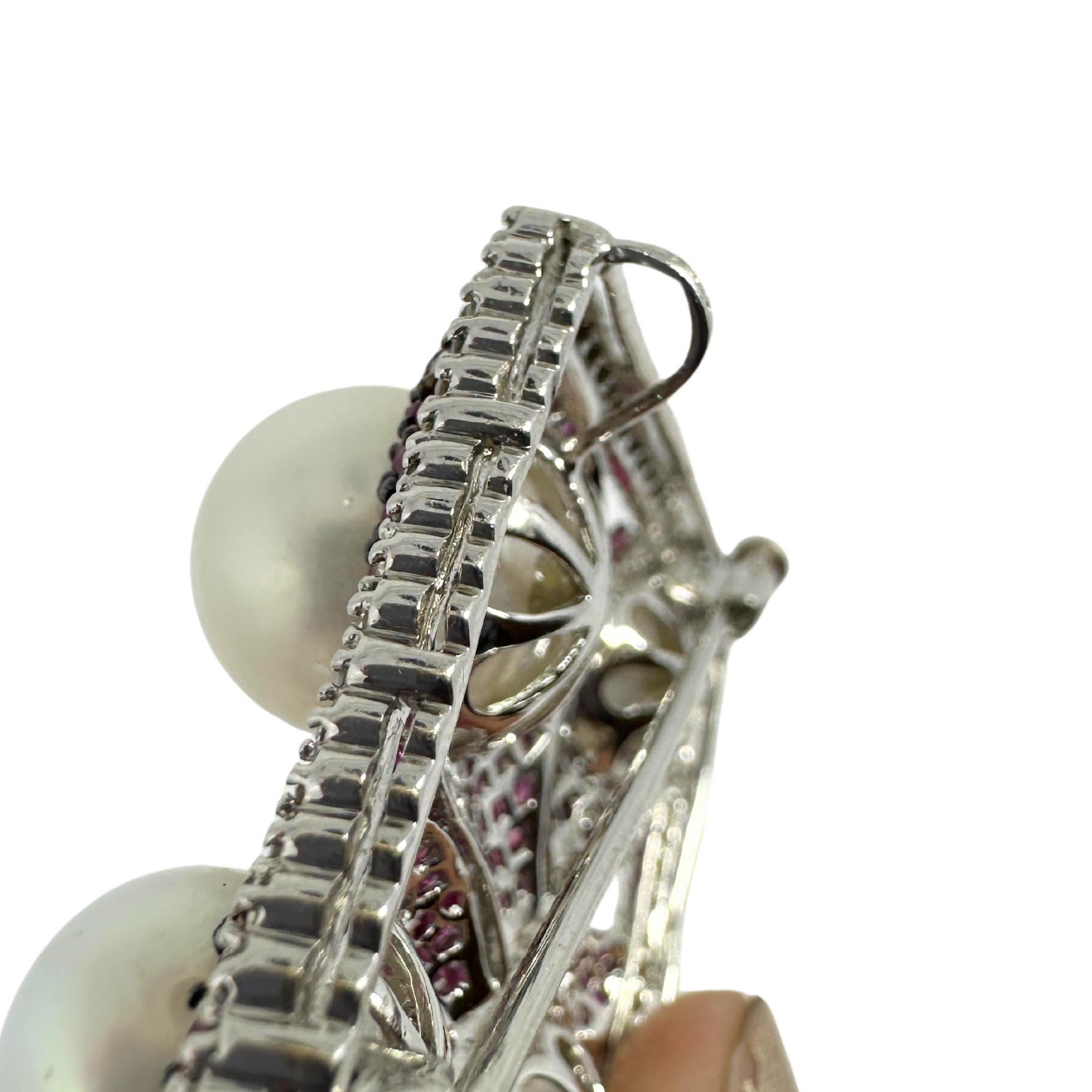 Round Cut 18K White Gold Diamond, Multicolor Sapphire and Pearl Brooch and Pendant For Sale