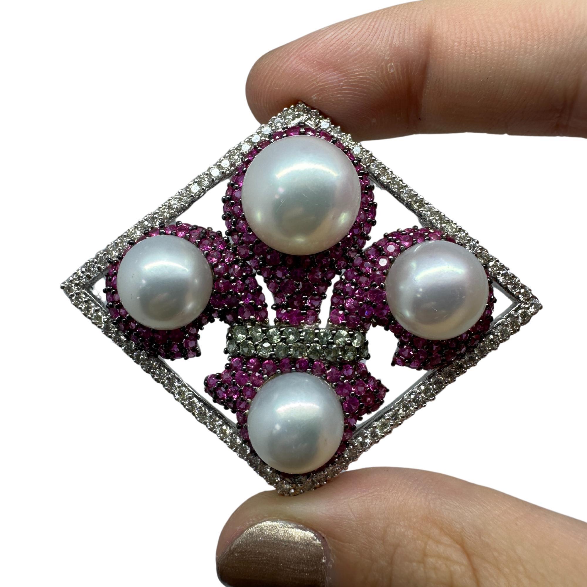 Women's 18K White Gold Diamond, Multicolor Sapphire and Pearl Brooch and Pendant For Sale
