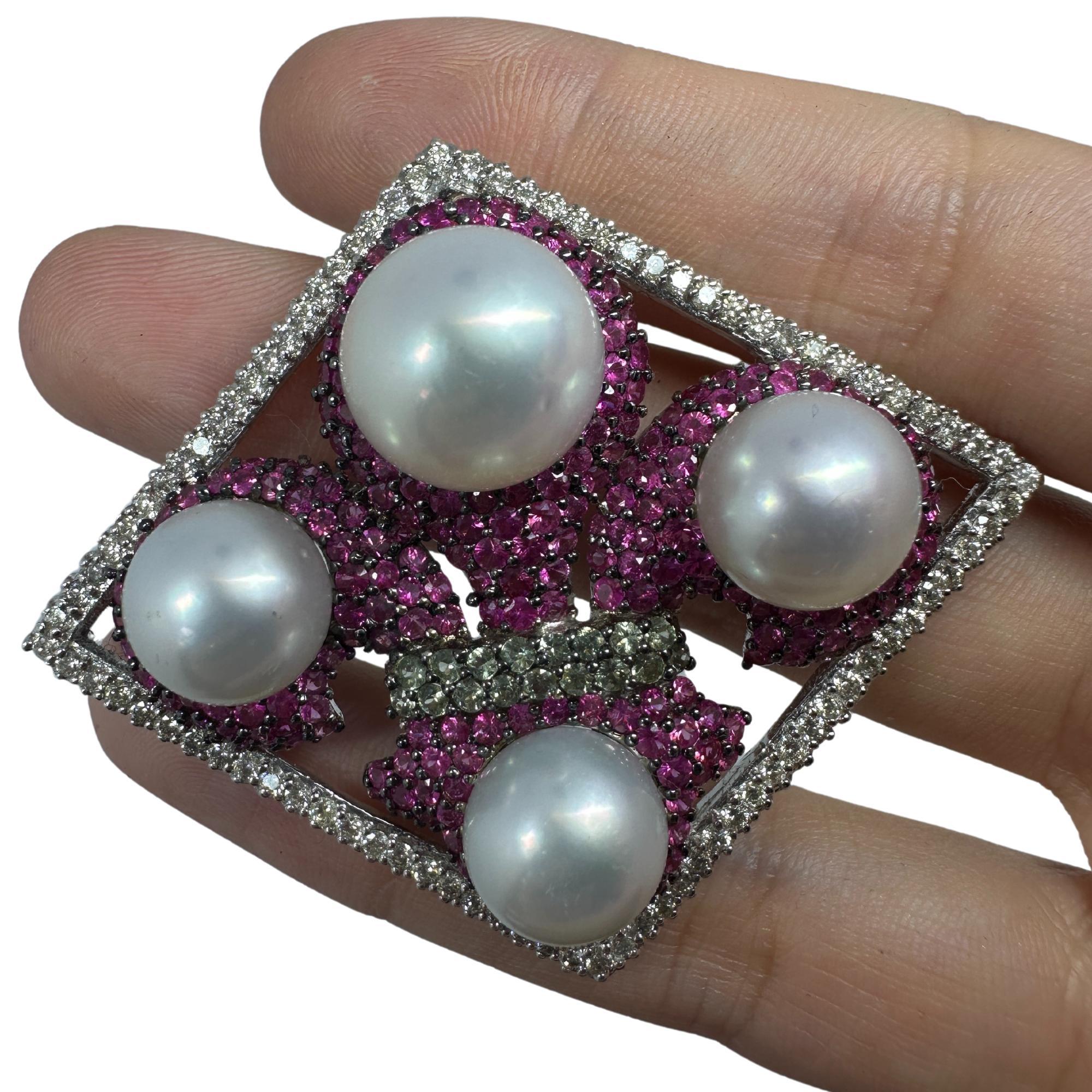 18K White Gold Diamond, Multicolor Sapphire and Pearl Brooch and Pendant For Sale 1