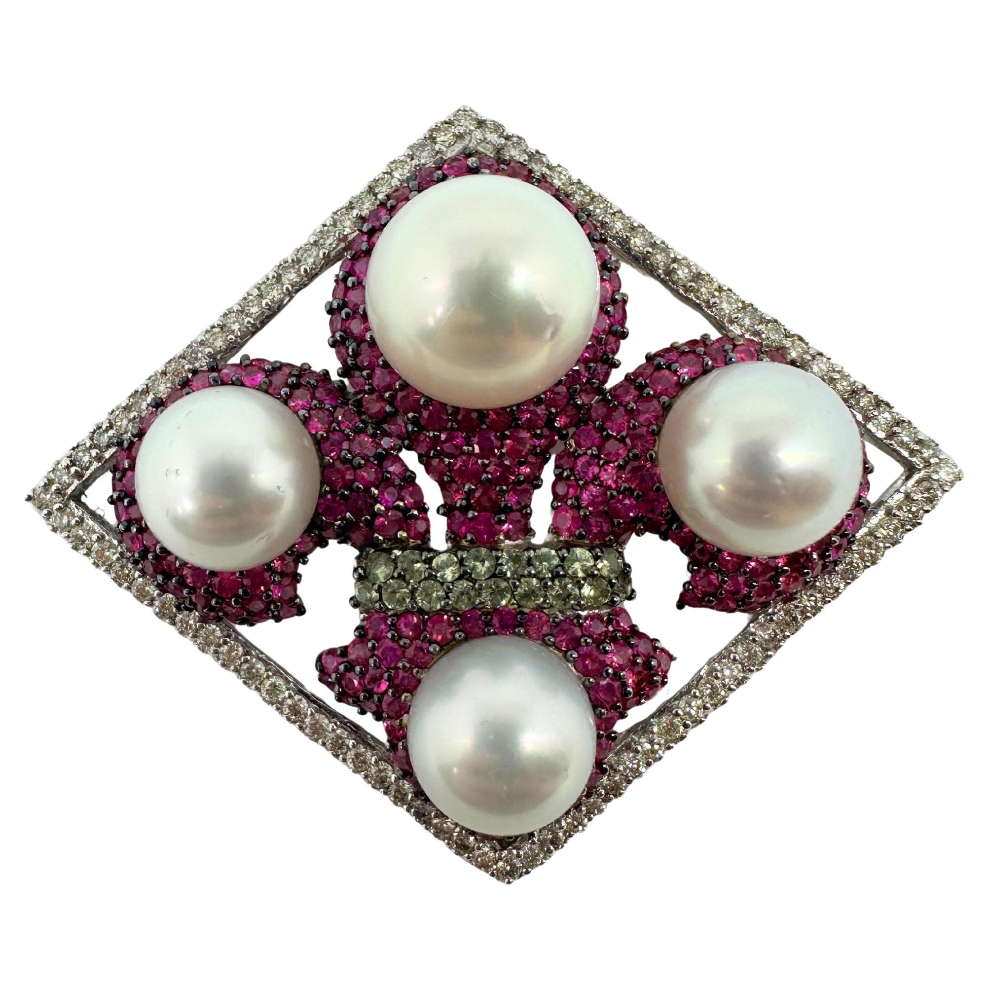 18K White Gold Diamond, Multicolor Sapphire and Pearl Brooch and Pendant