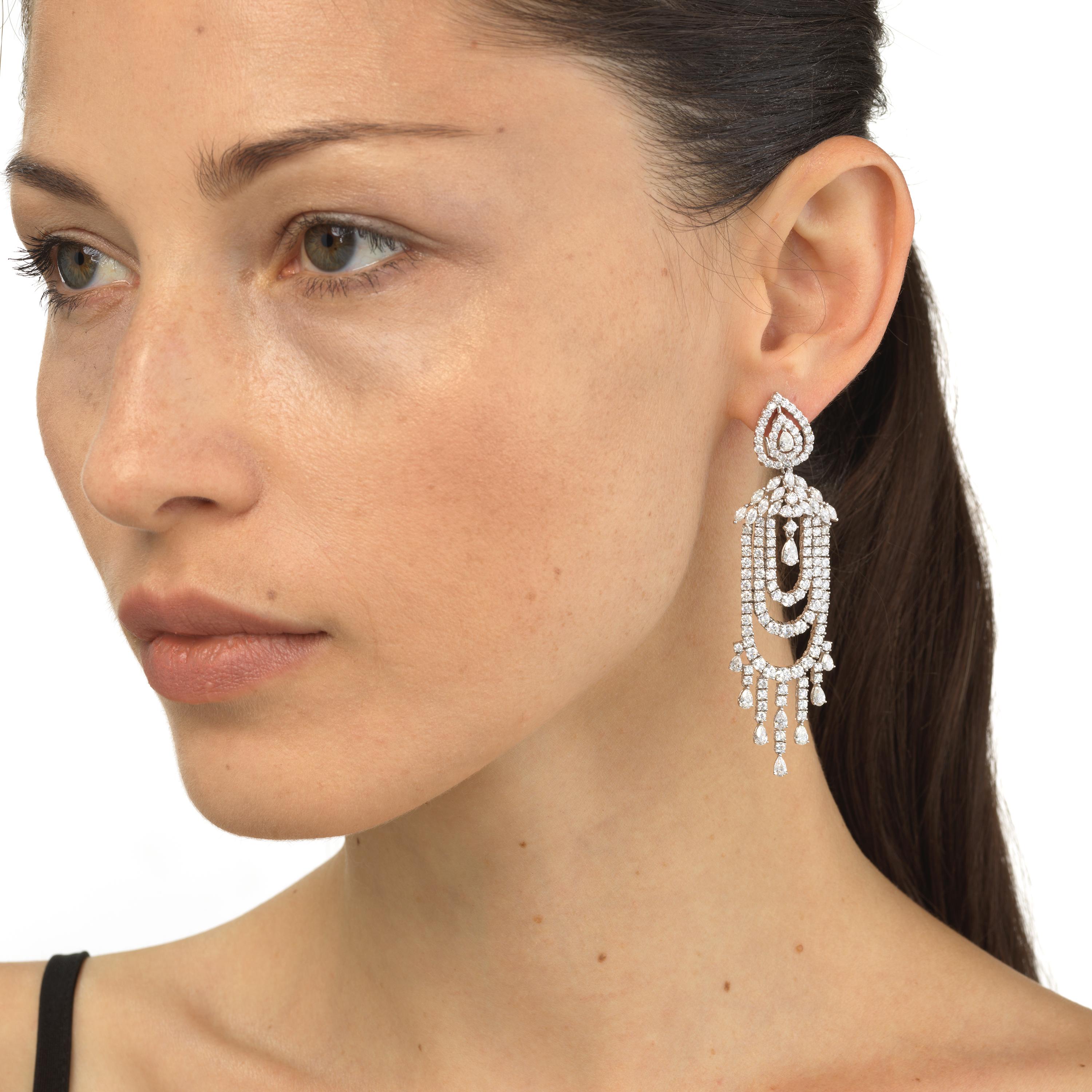Medieval 18K White Gold Diamond Multistring Chandelier Dangle Earrings