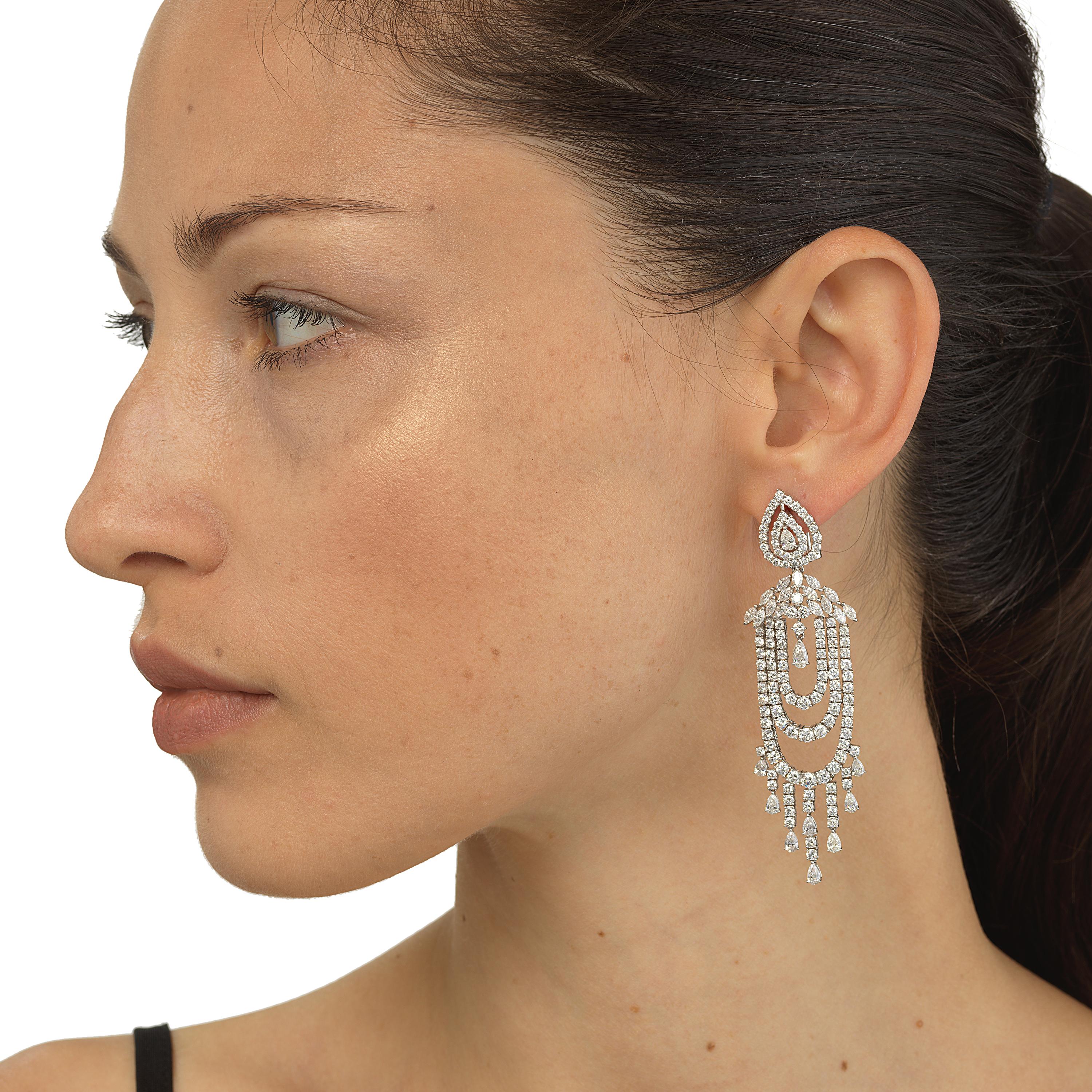 Pear Cut 18K White Gold Diamond Multistring Chandelier Dangle Earrings