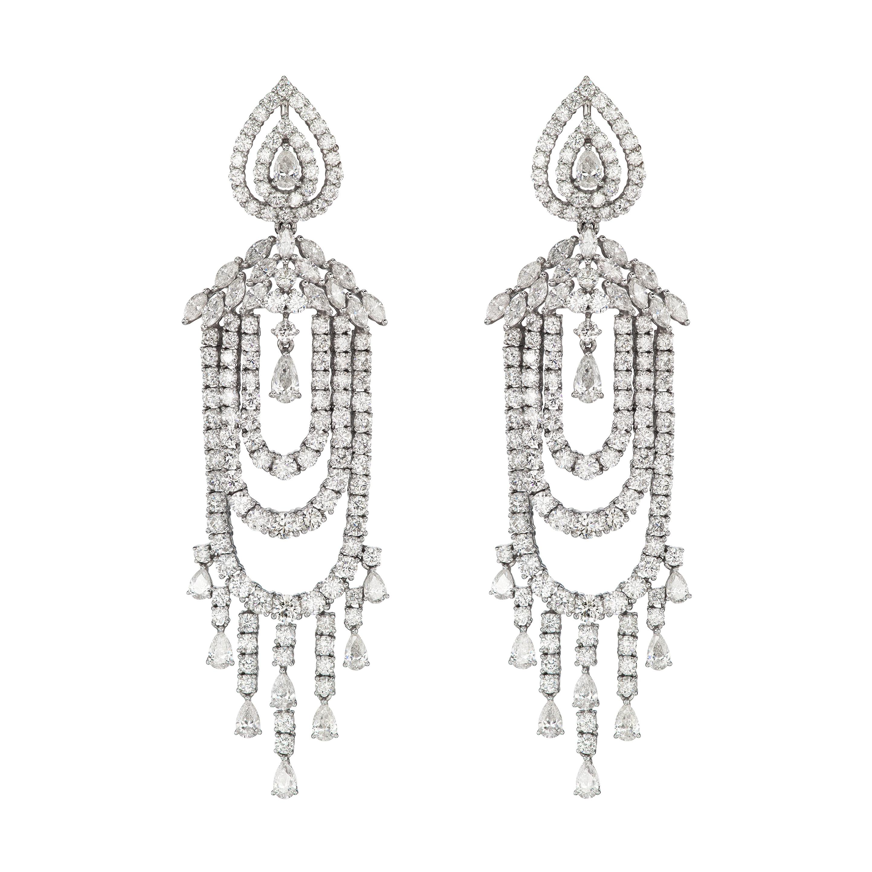 18K White Gold Diamond Multistring Chandelier Dangle Earrings