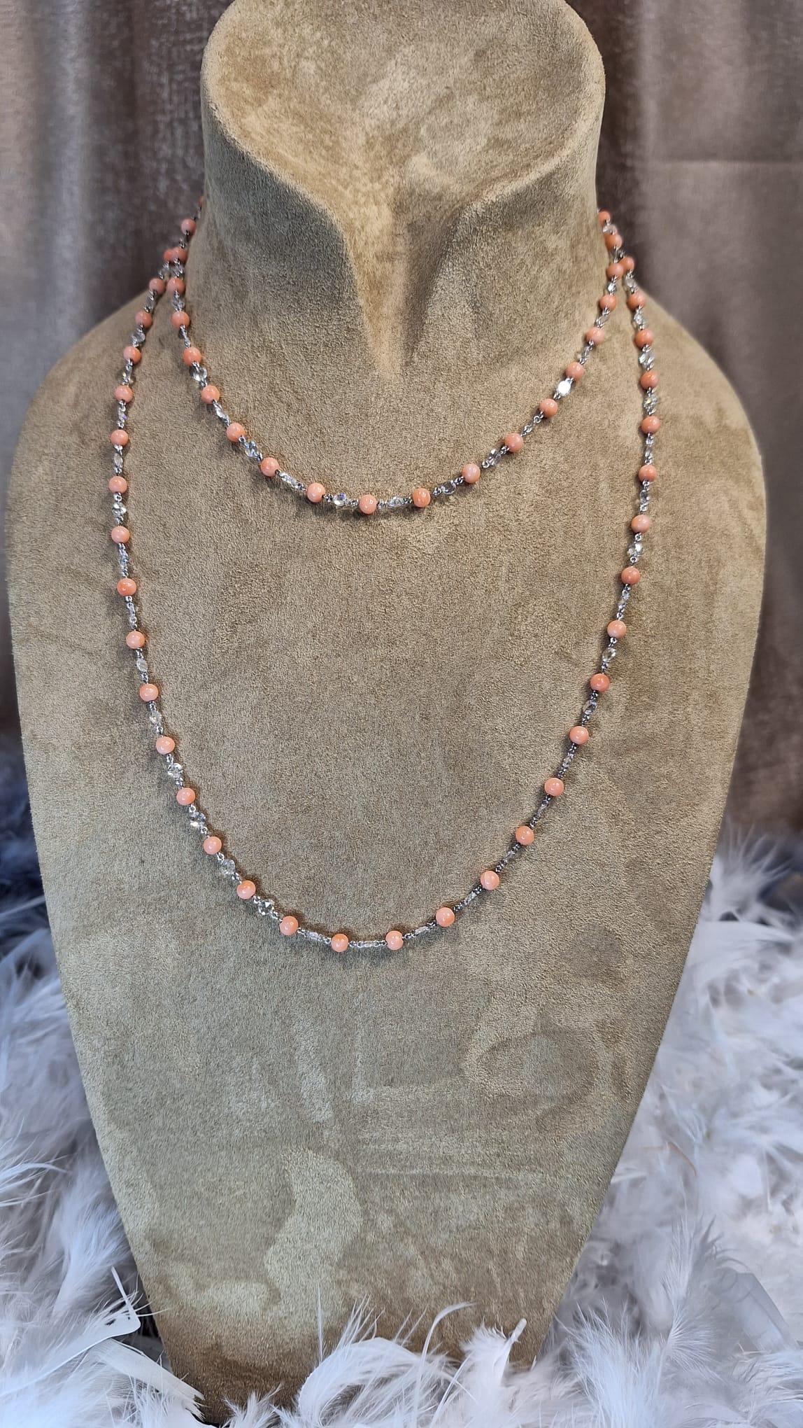 18K White Gold Diamond Necklace with Coral For Sale 1