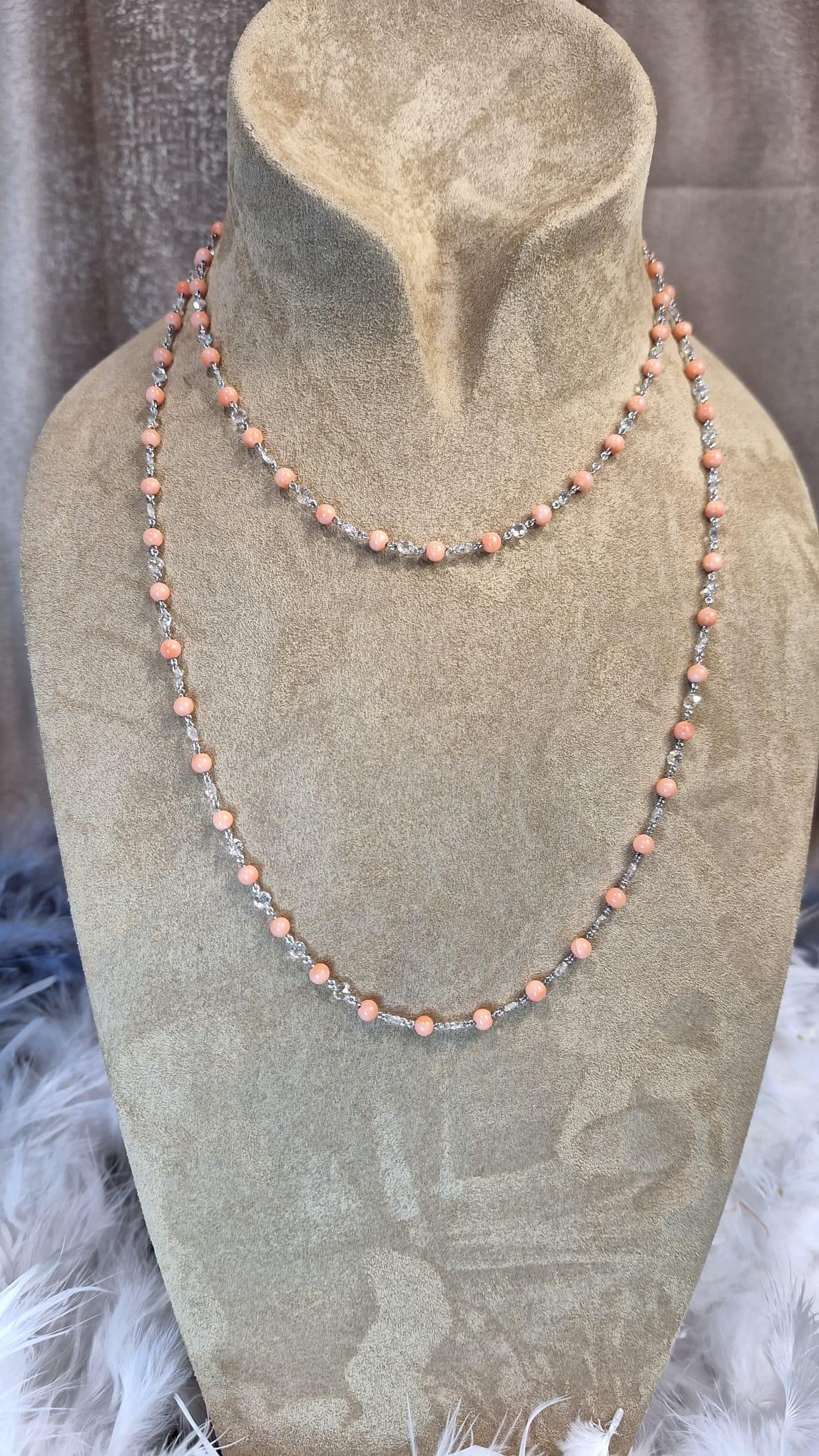 18K White Gold Diamond Necklace with Coral For Sale 2