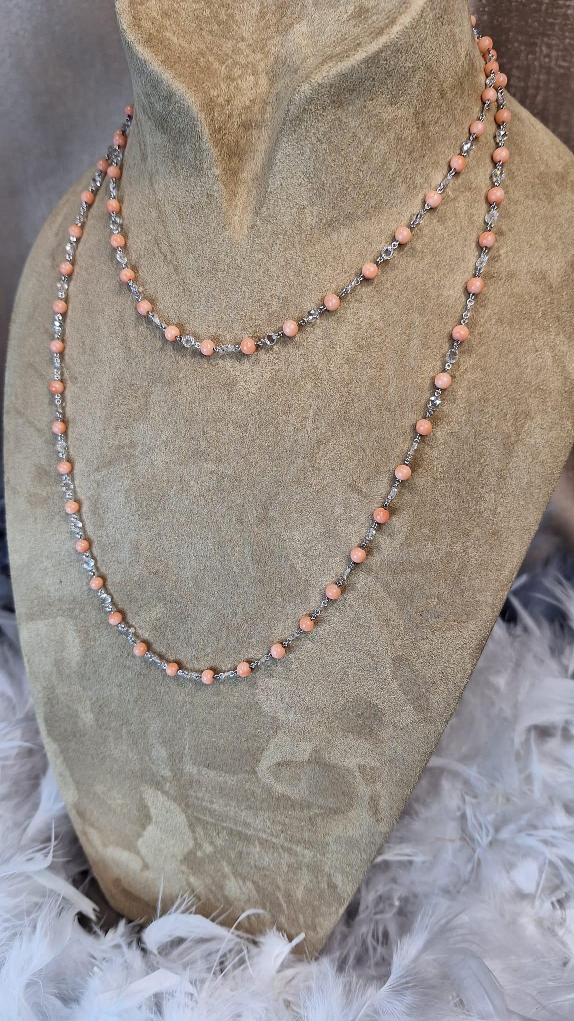 18K White Gold Diamond Necklace with Coral For Sale 4