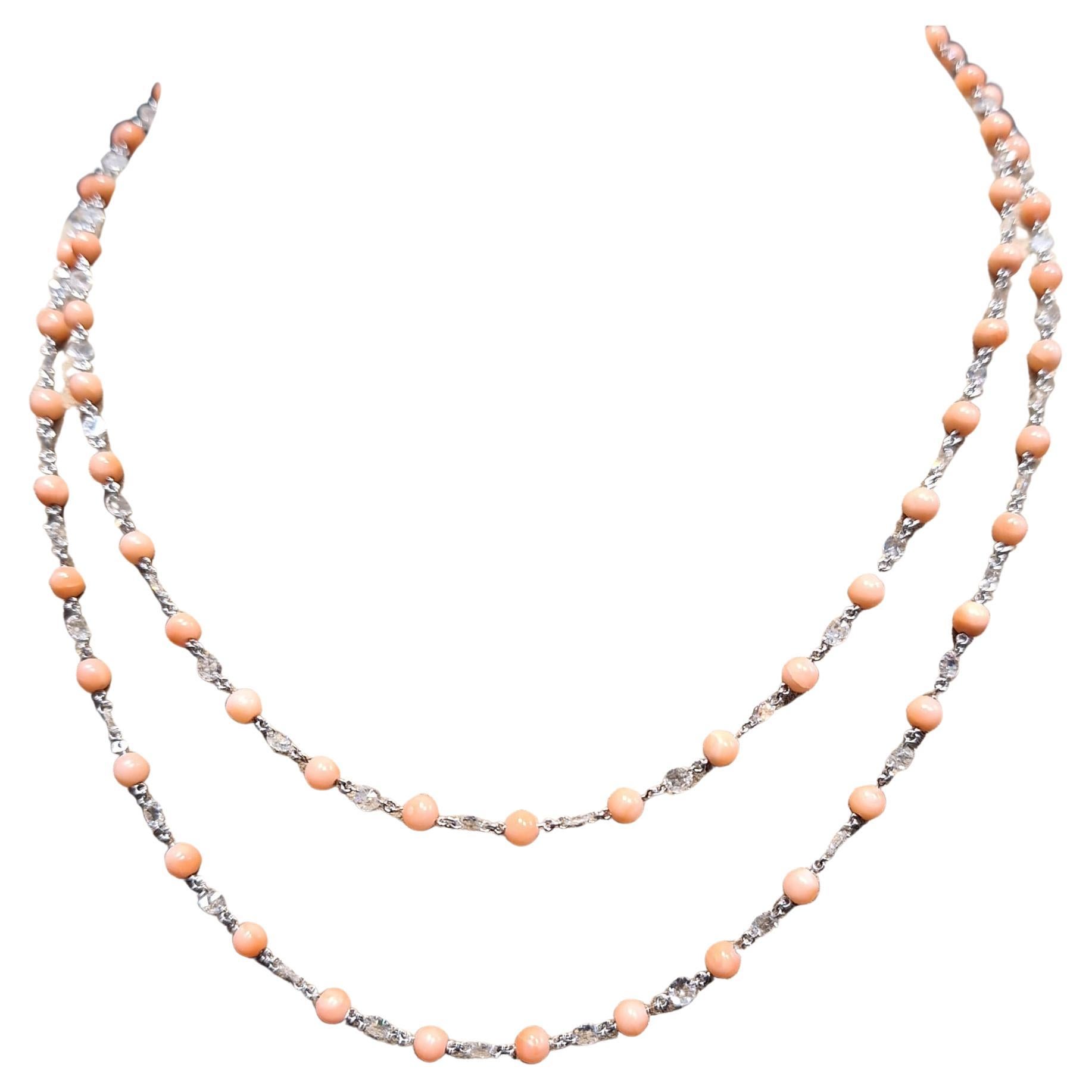 18K White Gold Diamond Necklace with Coral For Sale