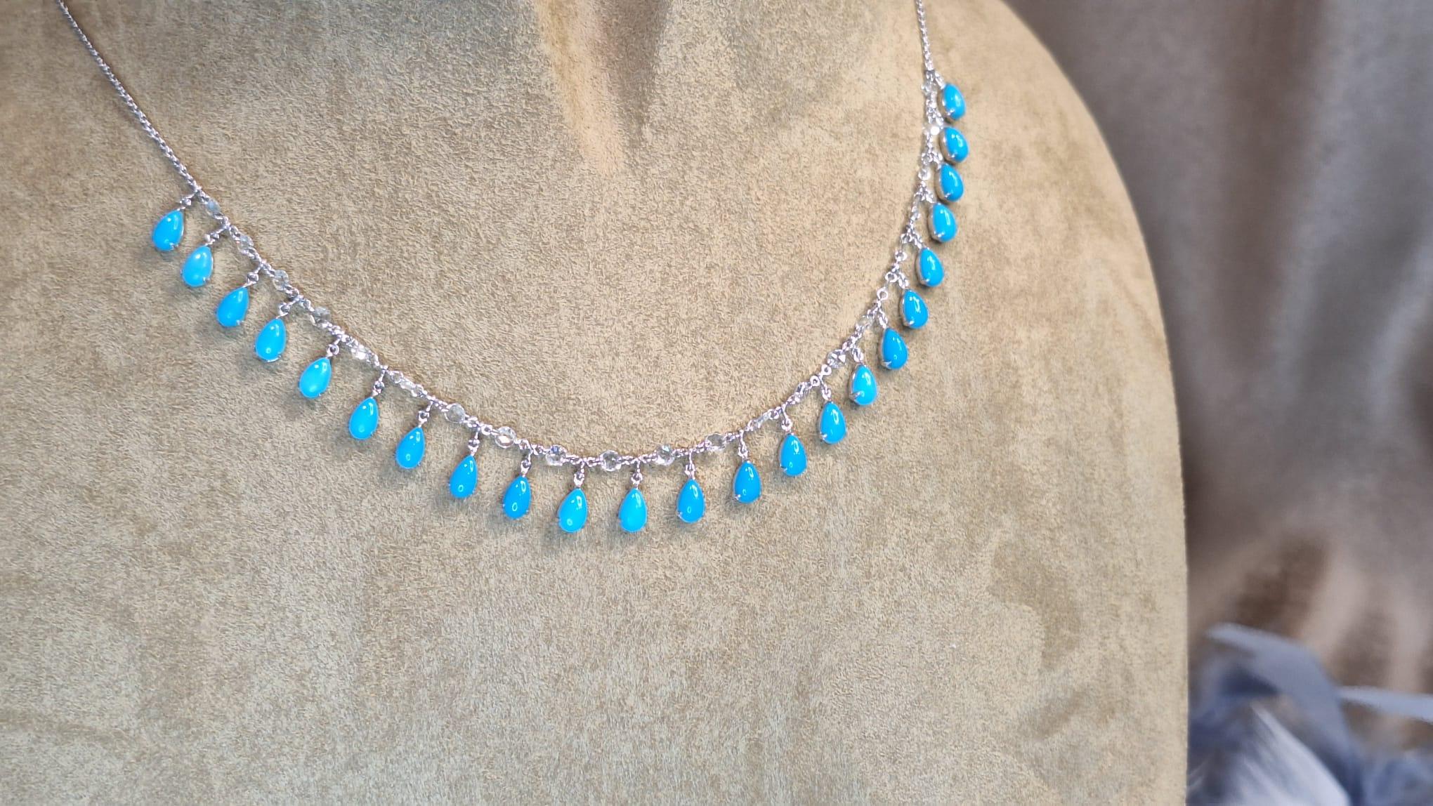 18K White Gold Diamond Necklace with Turquoise For Sale 4