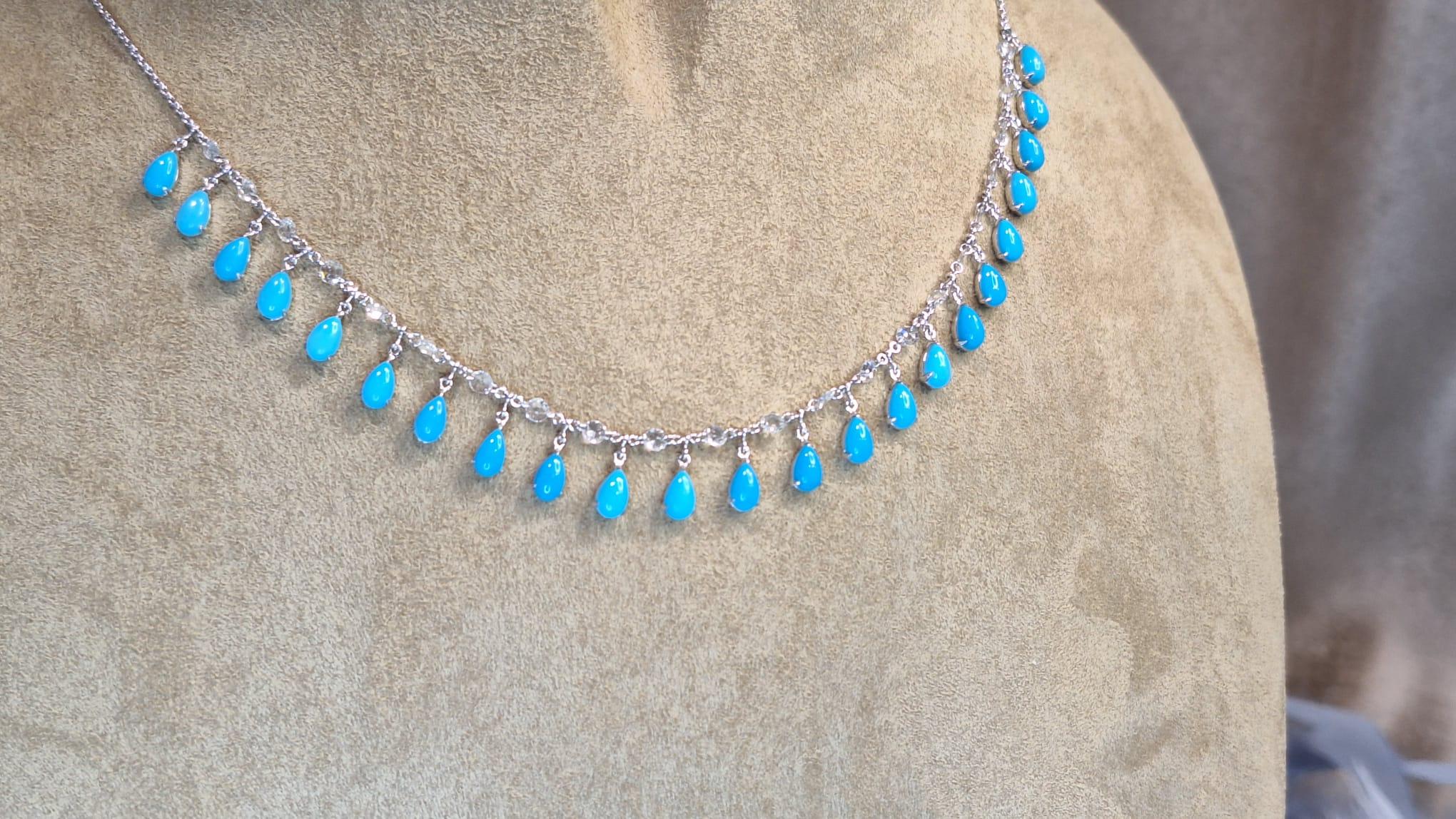 Women's 18K White Gold Diamond Necklace with Turquoise For Sale