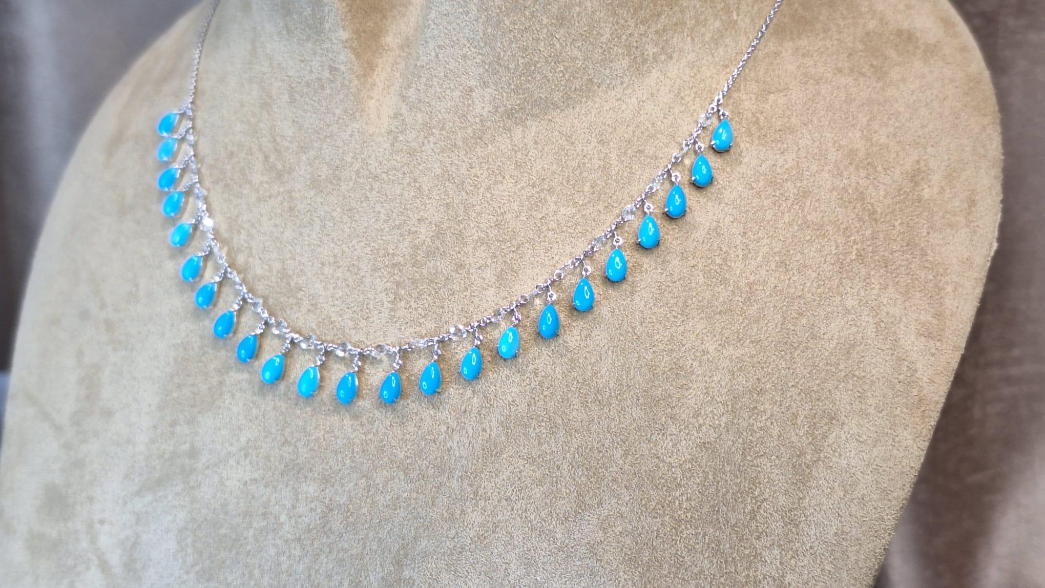 18K White Gold Diamond Necklace with Turquoise For Sale 1