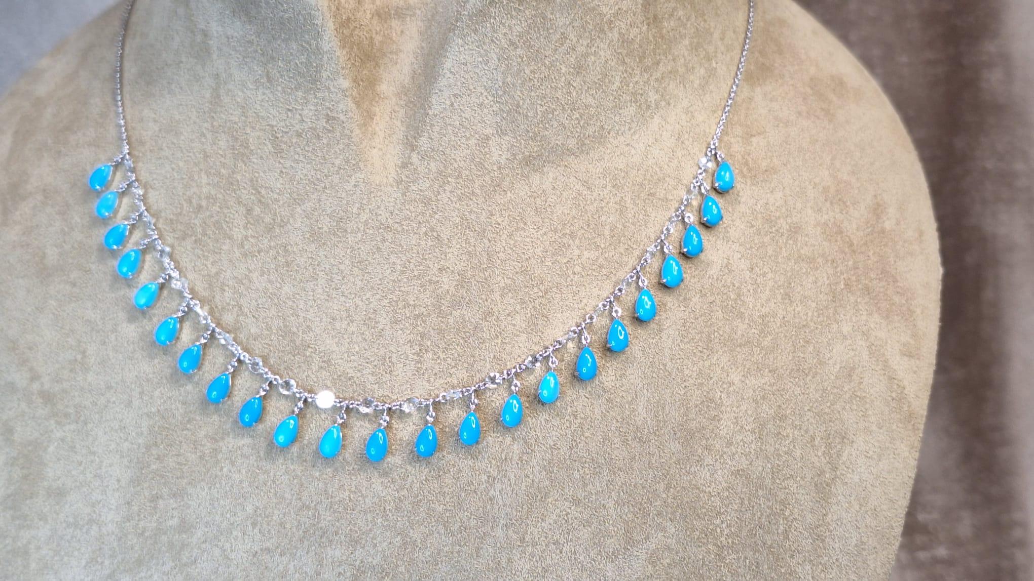 18K White Gold Diamond Necklace with Turquoise For Sale 2