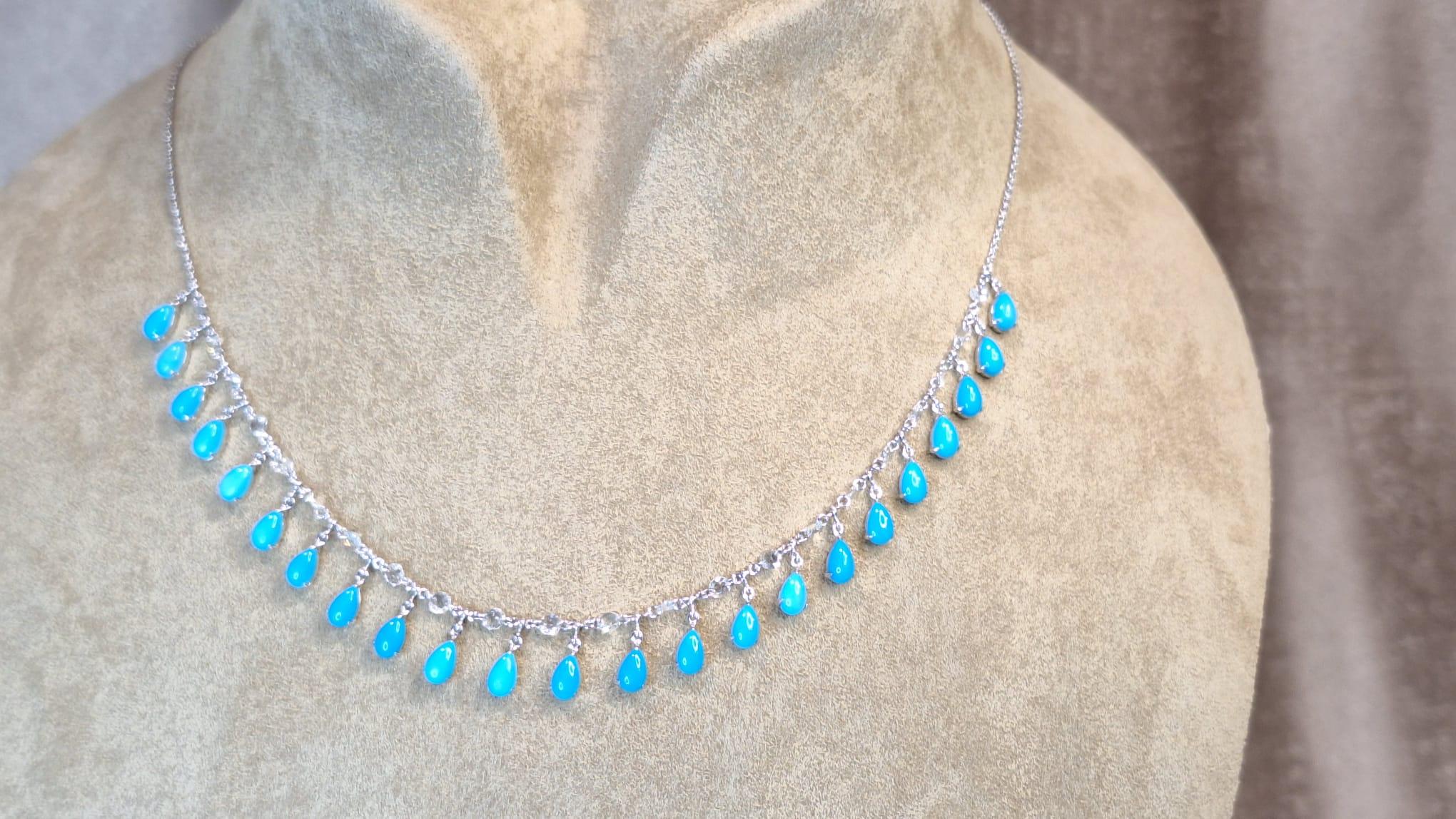 18K White Gold Diamond Necklace with Turquoise For Sale 3