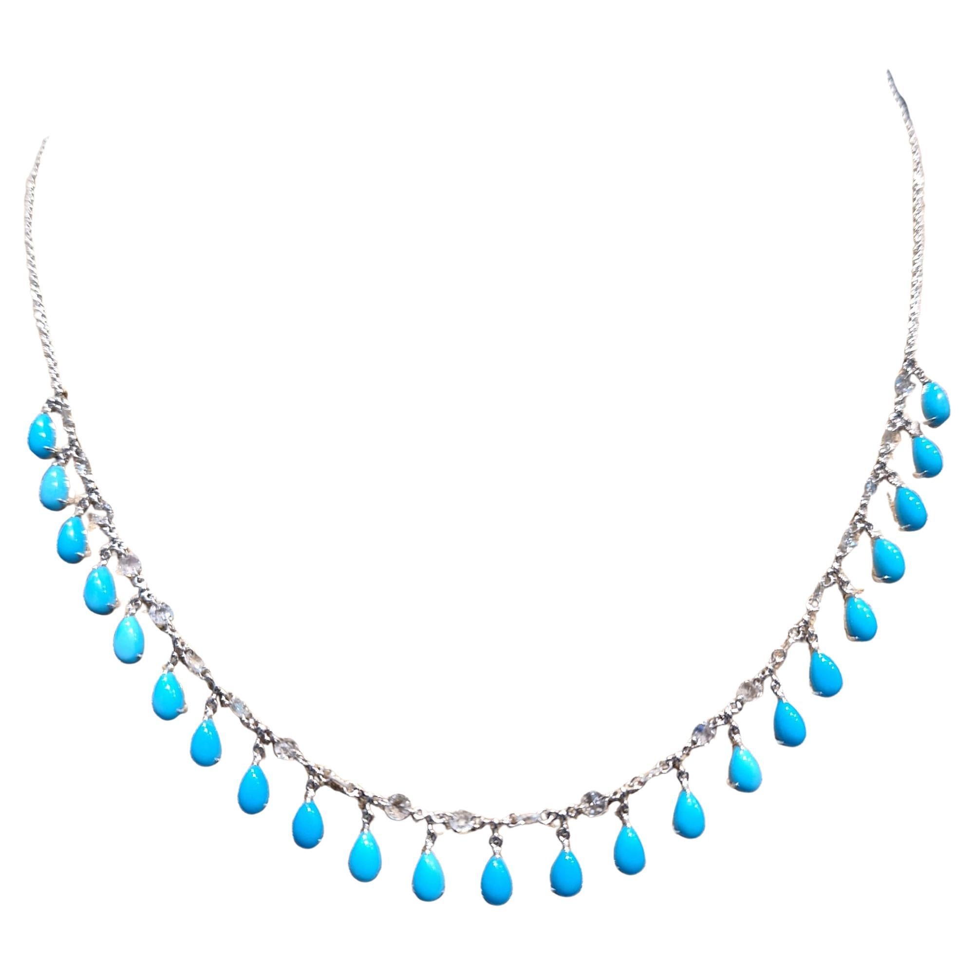 18K White Gold Diamond Necklace with Turquoise For Sale