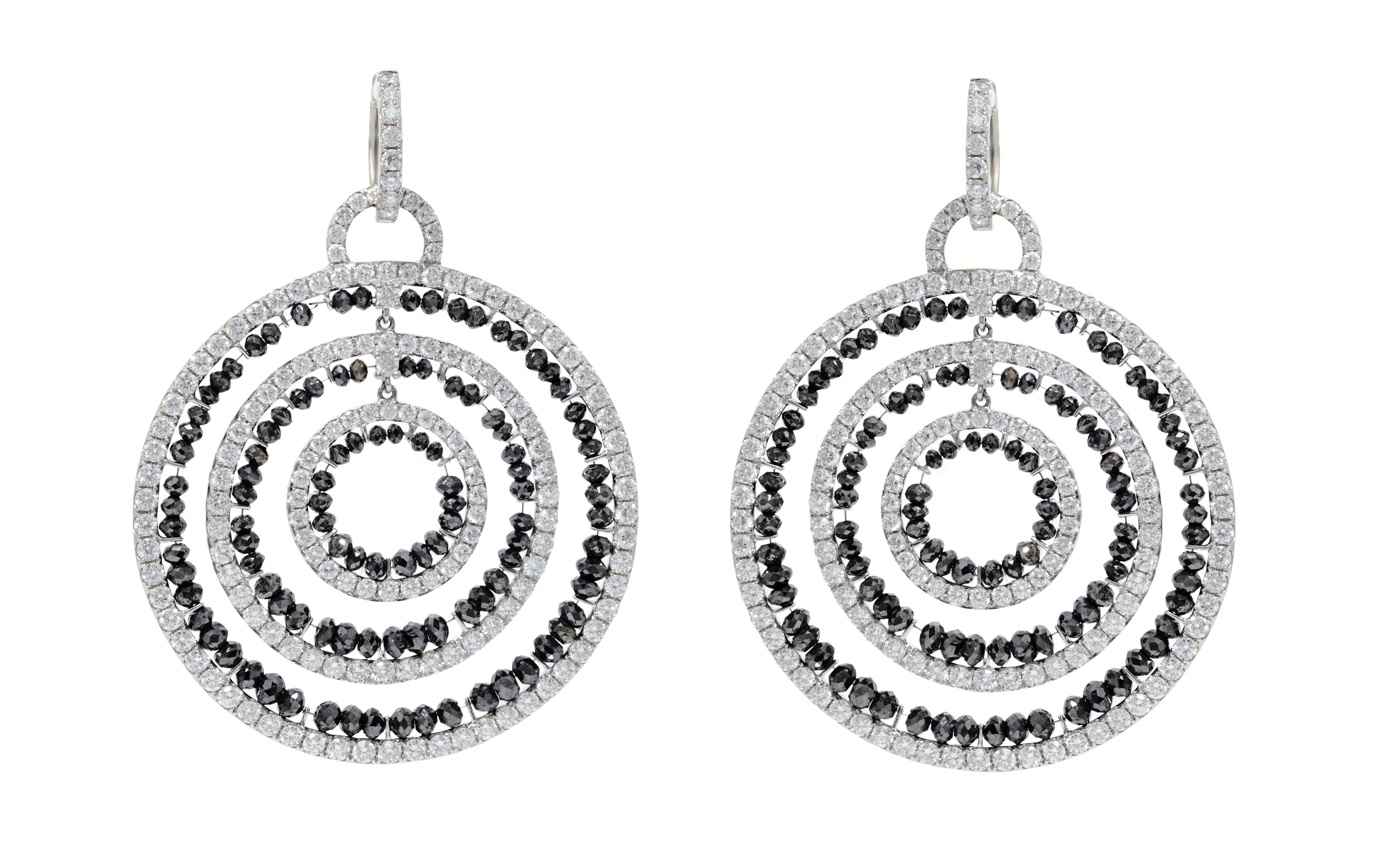 18k White Gold Diamond Open Circle Earrings Weighing 31.80 Carats Of White And Black Diamonds 
