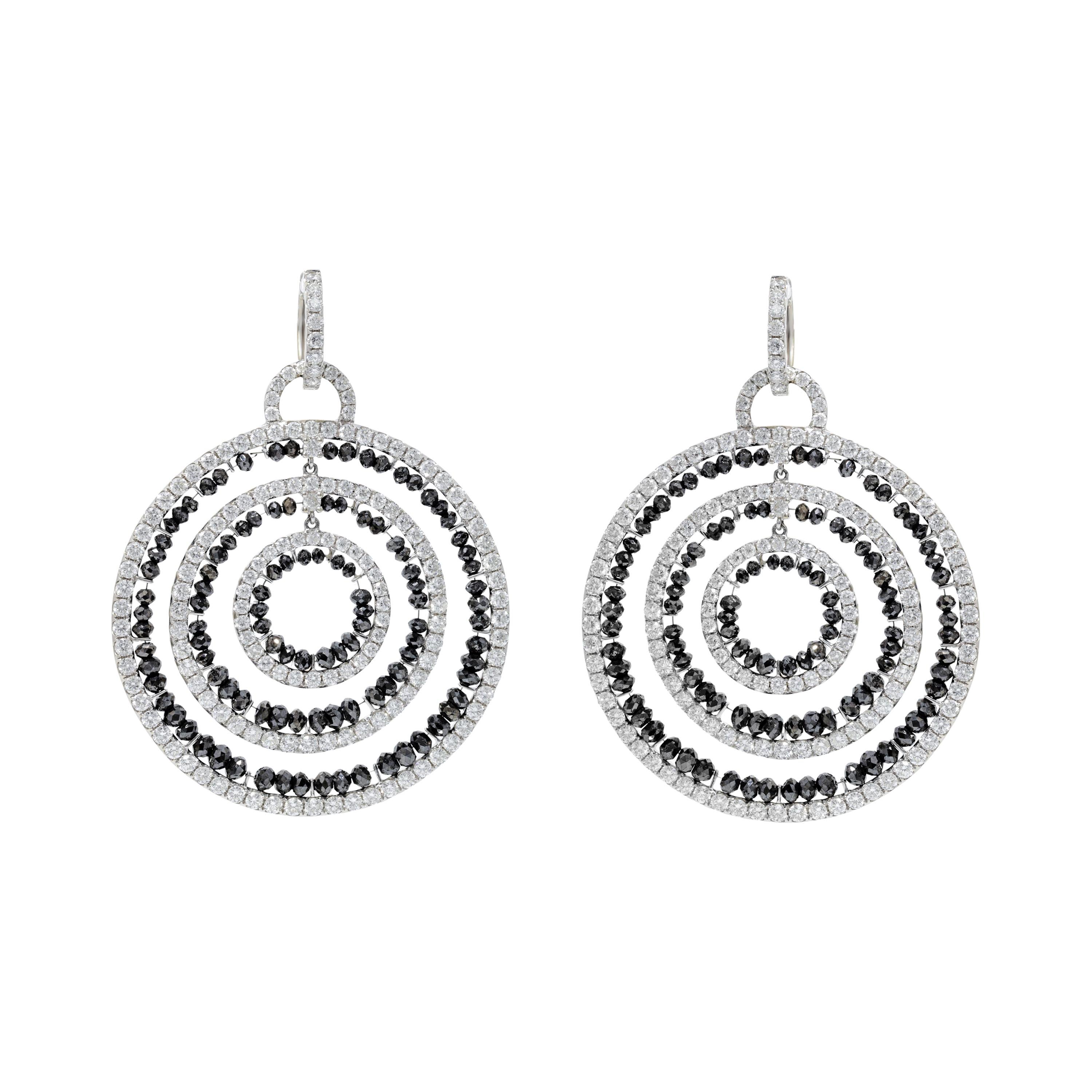 18k White Gold Diamond Open Circle Earrings with White and Black Diamonds For Sale