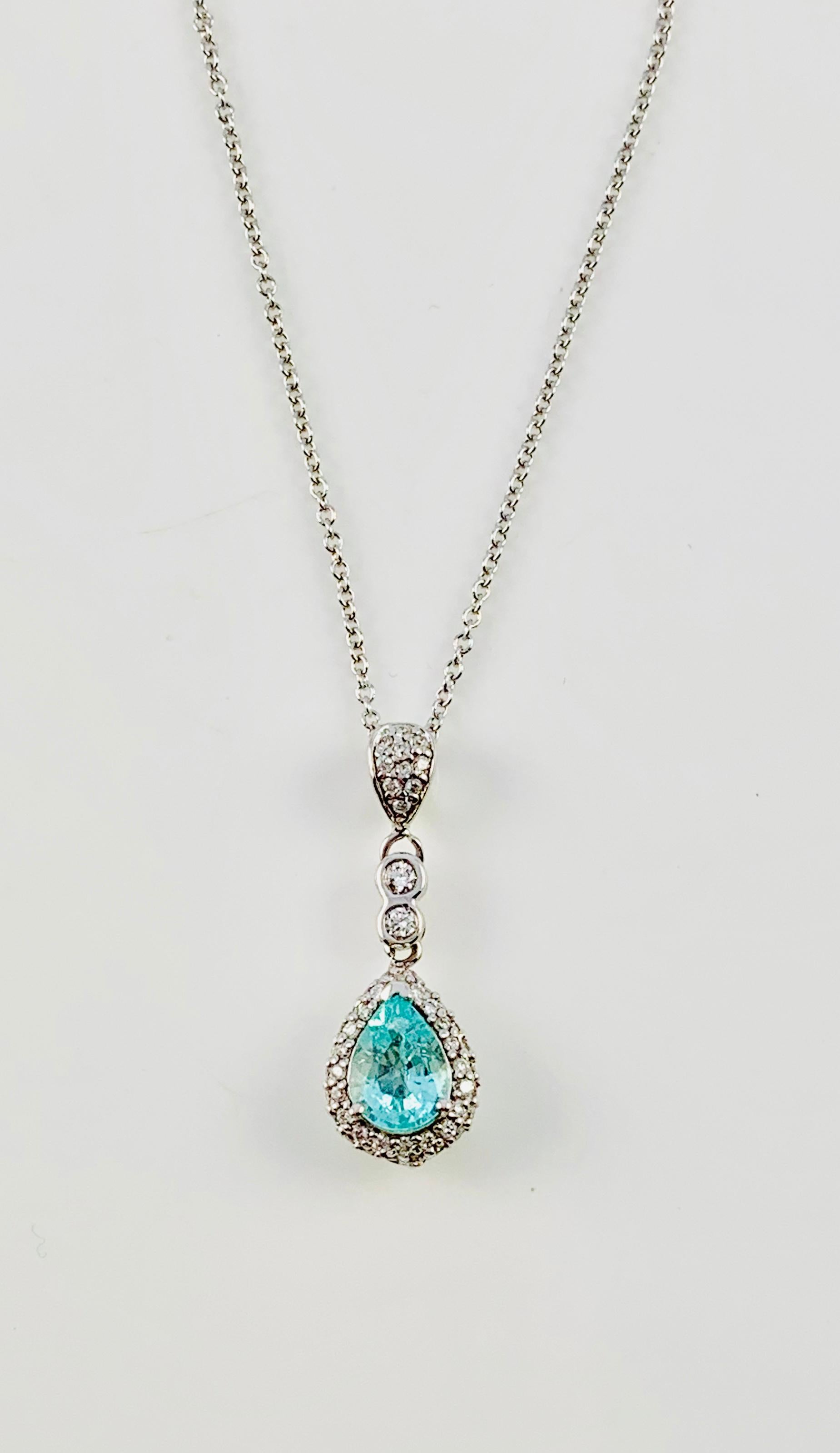 18 Karat White Gold, Diamond and Paraiba Tourmaline Pendant on White Gold Chain 5