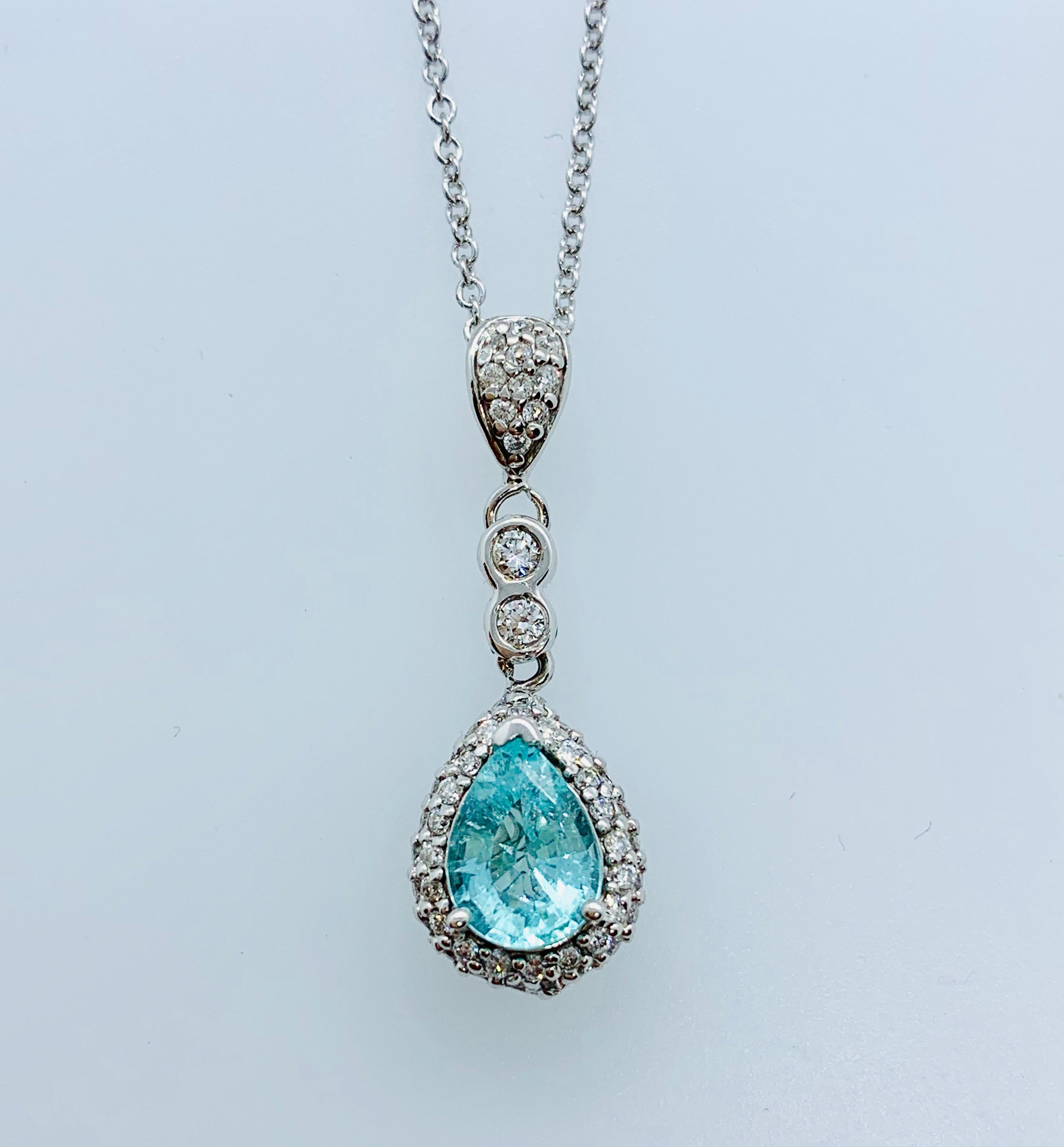 18 Karat White Gold, Diamond and Paraiba Tourmaline Pendant on White Gold Chain 7