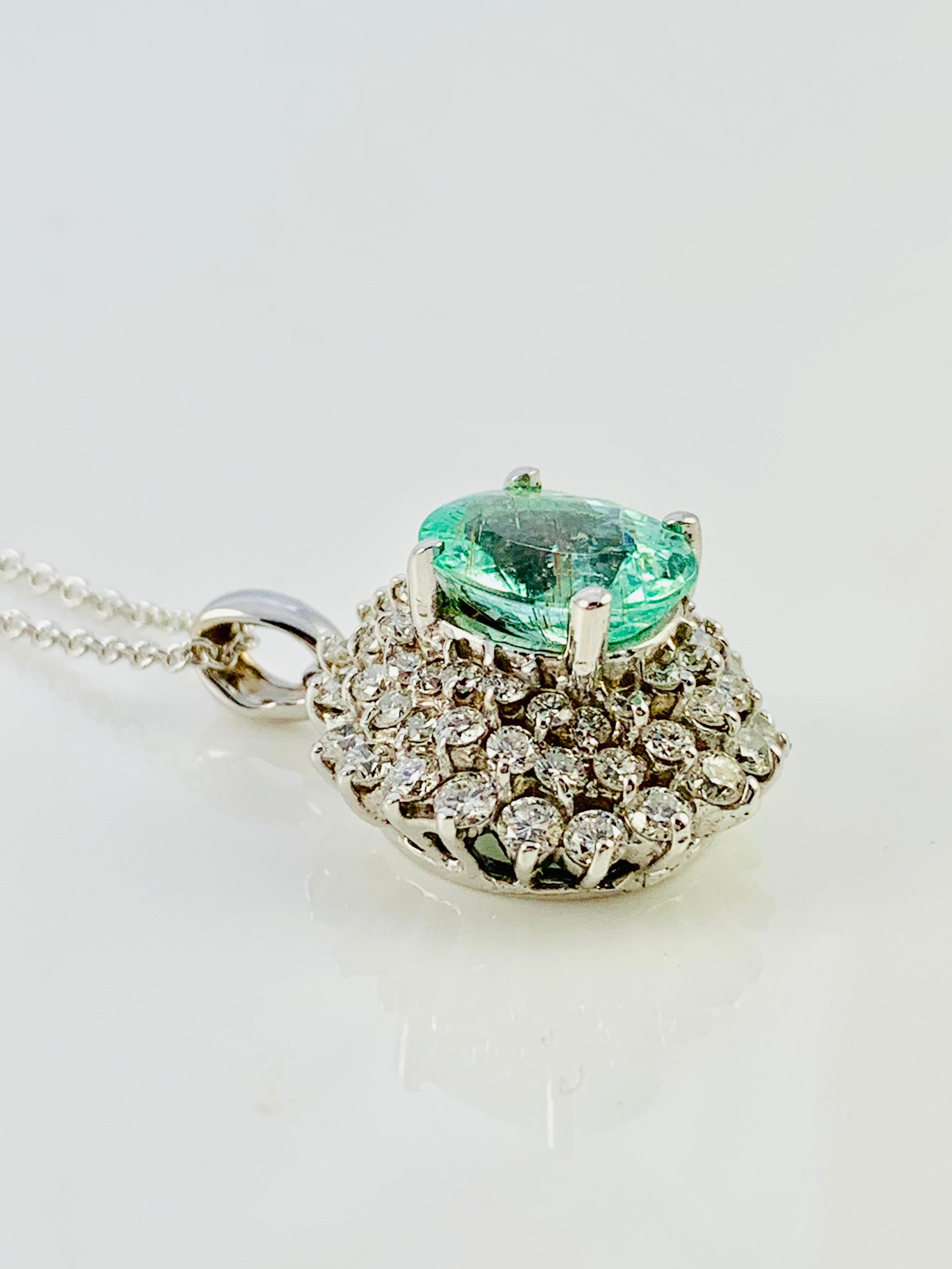 Contemporary 18K White Gold, Diamond & Paraiba Tourmaline Pendant on White Gold Chain