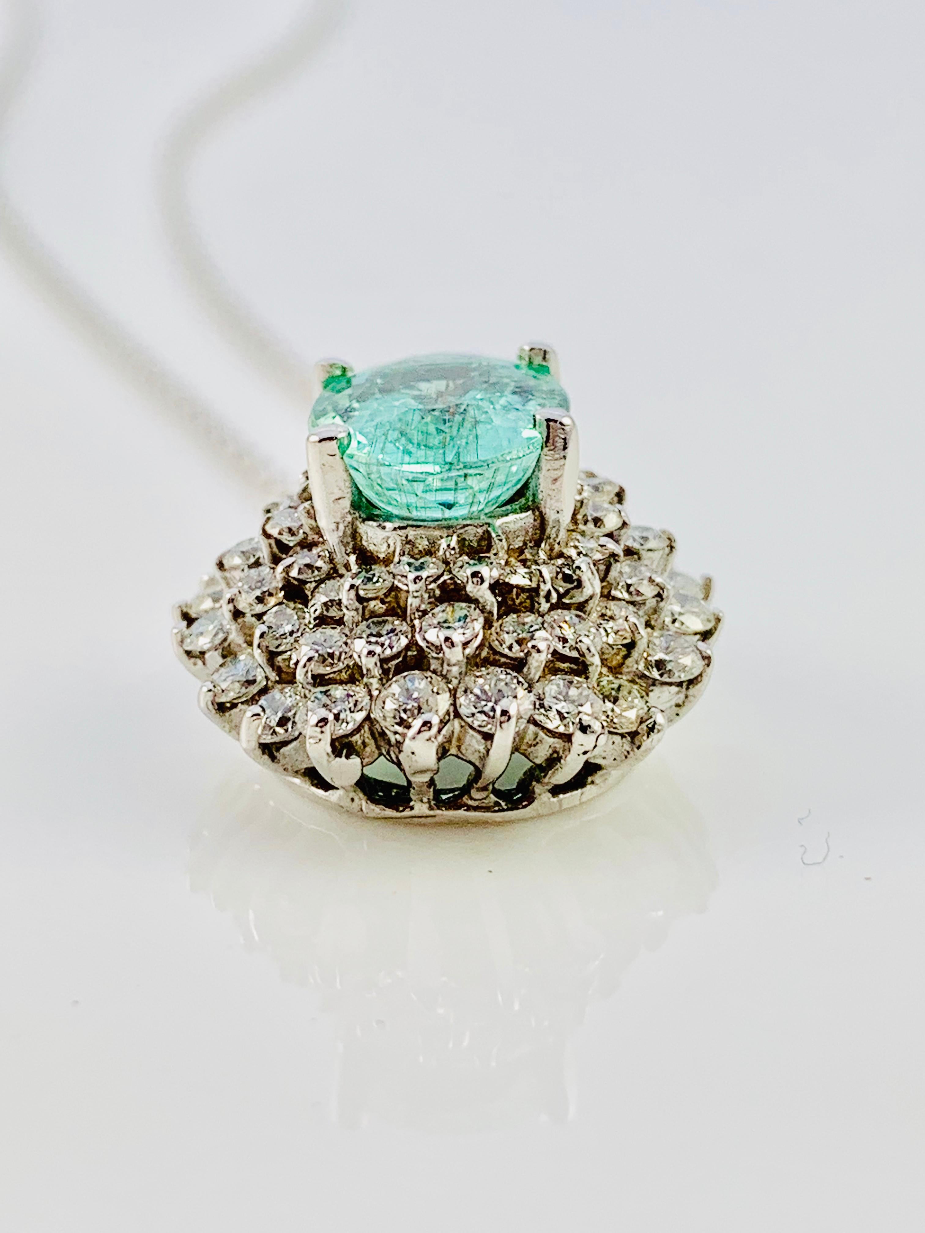 Round Cut 18K White Gold, Diamond & Paraiba Tourmaline Pendant on White Gold Chain