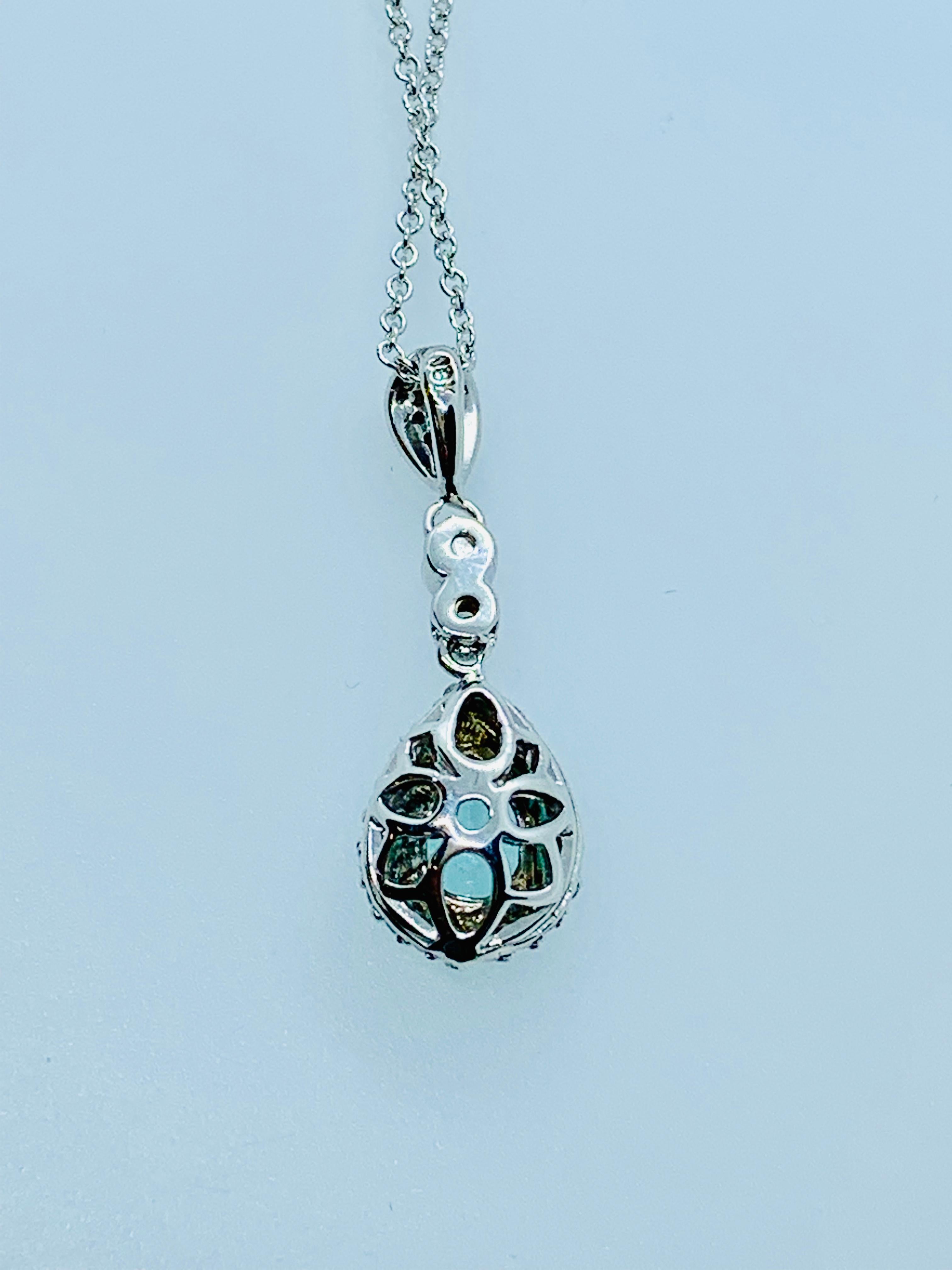 18 Karat White Gold, Diamond and Paraiba Tourmaline Pendant on White Gold Chain In Excellent Condition In Birmingham, AL