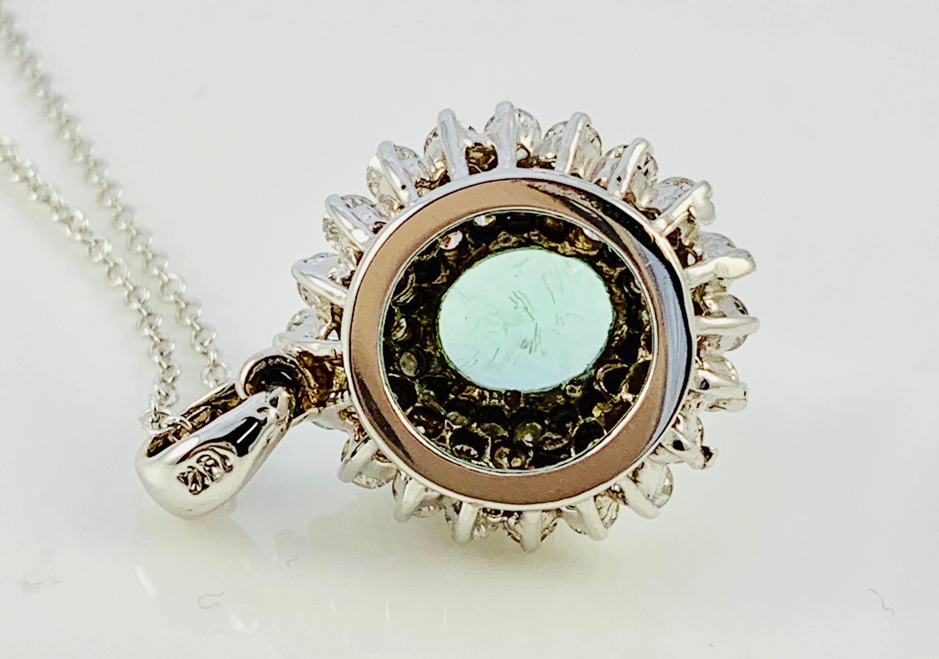 18K White Gold, Diamond & Paraiba Tourmaline Pendant on White Gold Chain In Excellent Condition In Birmingham, AL