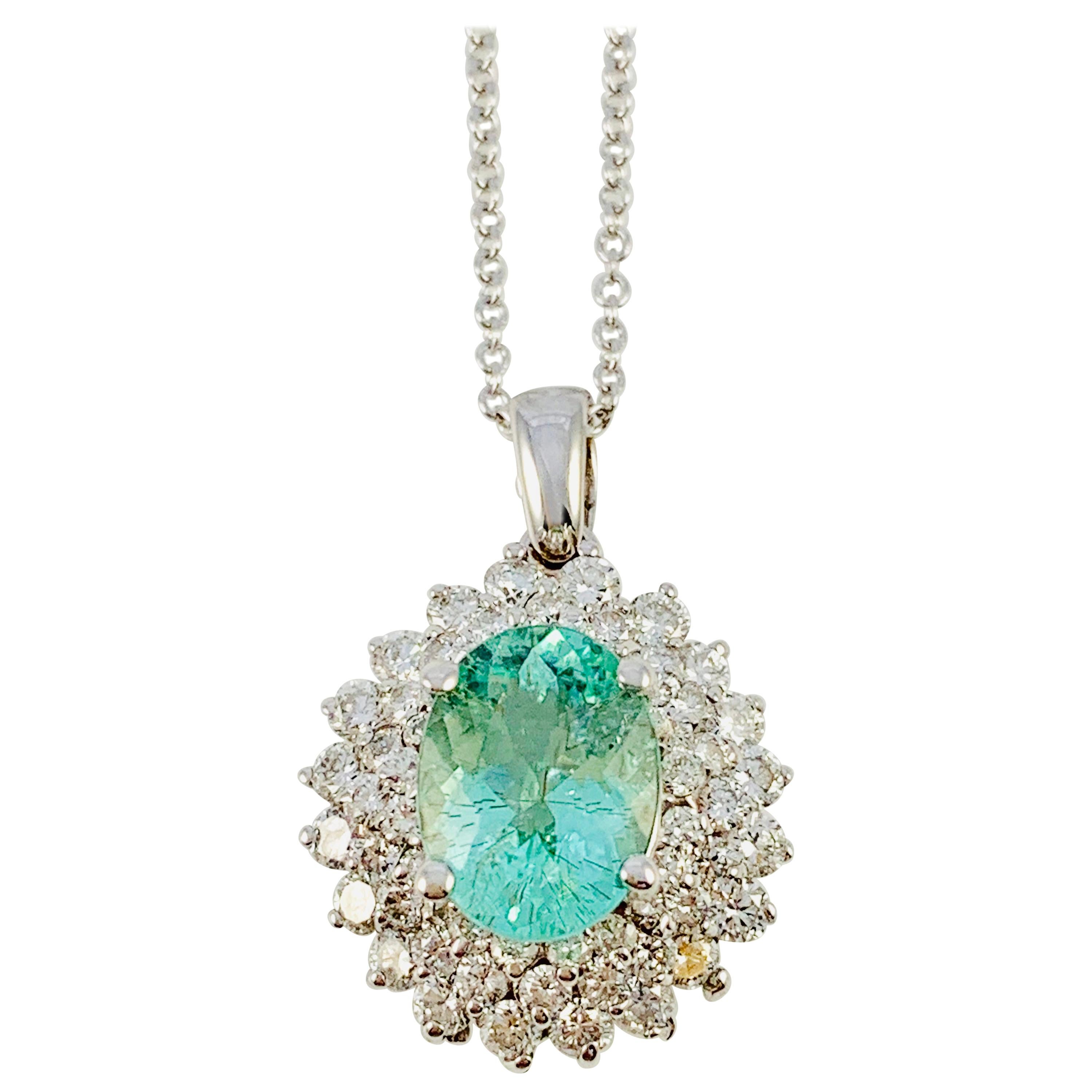 18K white Gold, Diamond & Paraiba Tourmaline Pendant on 18 inch white gold chain