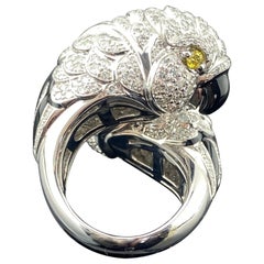 18K White Gold Diamond Parrot Ring, 5.41 Carats Pavé Diamonds with Yellow Dia