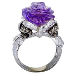 18 Karat White Gold Diamond Pave and Carved Amethyst Rose Ring