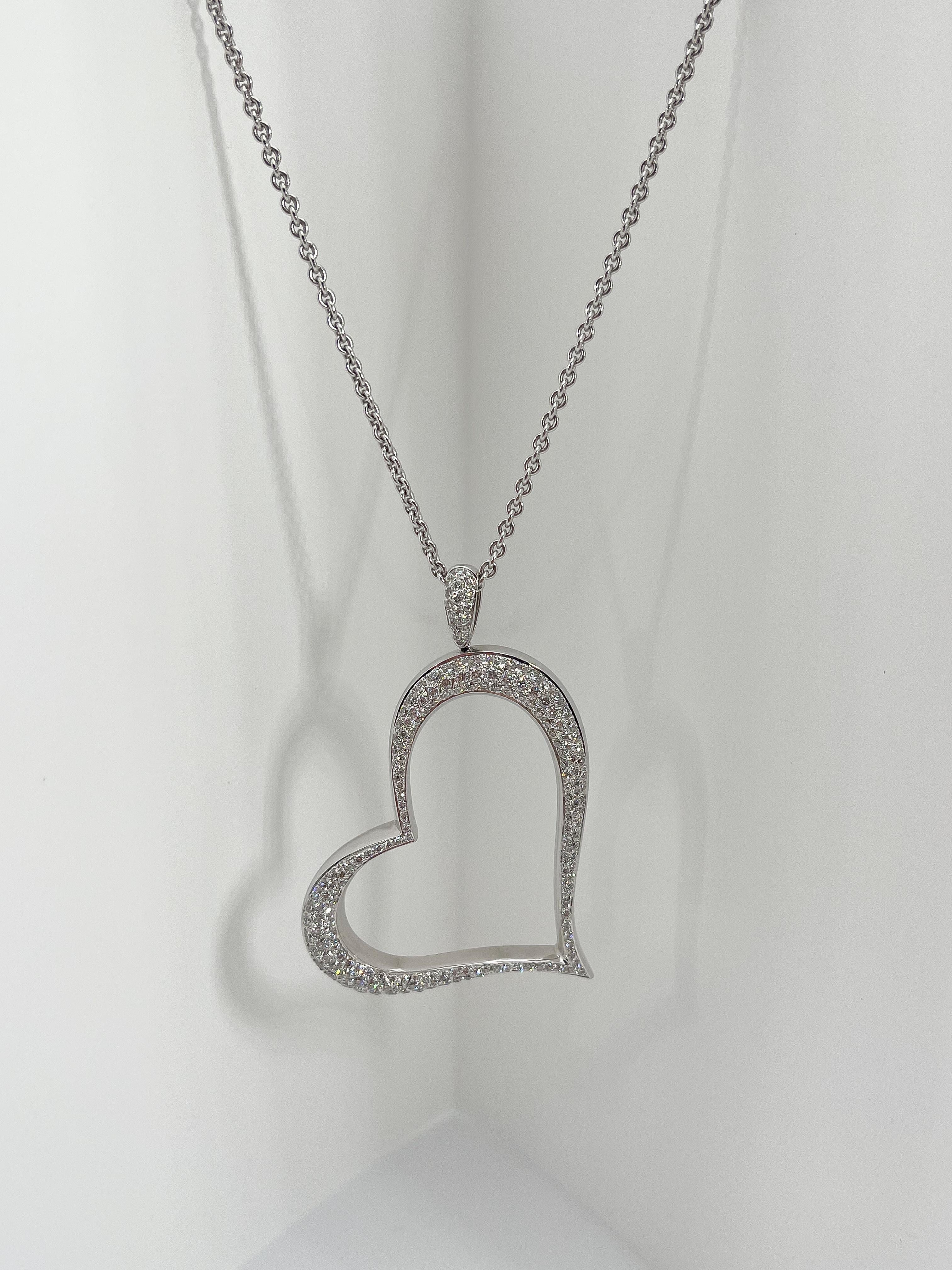 One of a kind 18K white gold diamond pave' contemporary heart necklace 2.36 ctw vs2 G-H color. 16 inch cable chain is included with pendant  Pendant measures 2x1.3 inches and the necklace weighs 23.2 grams. 