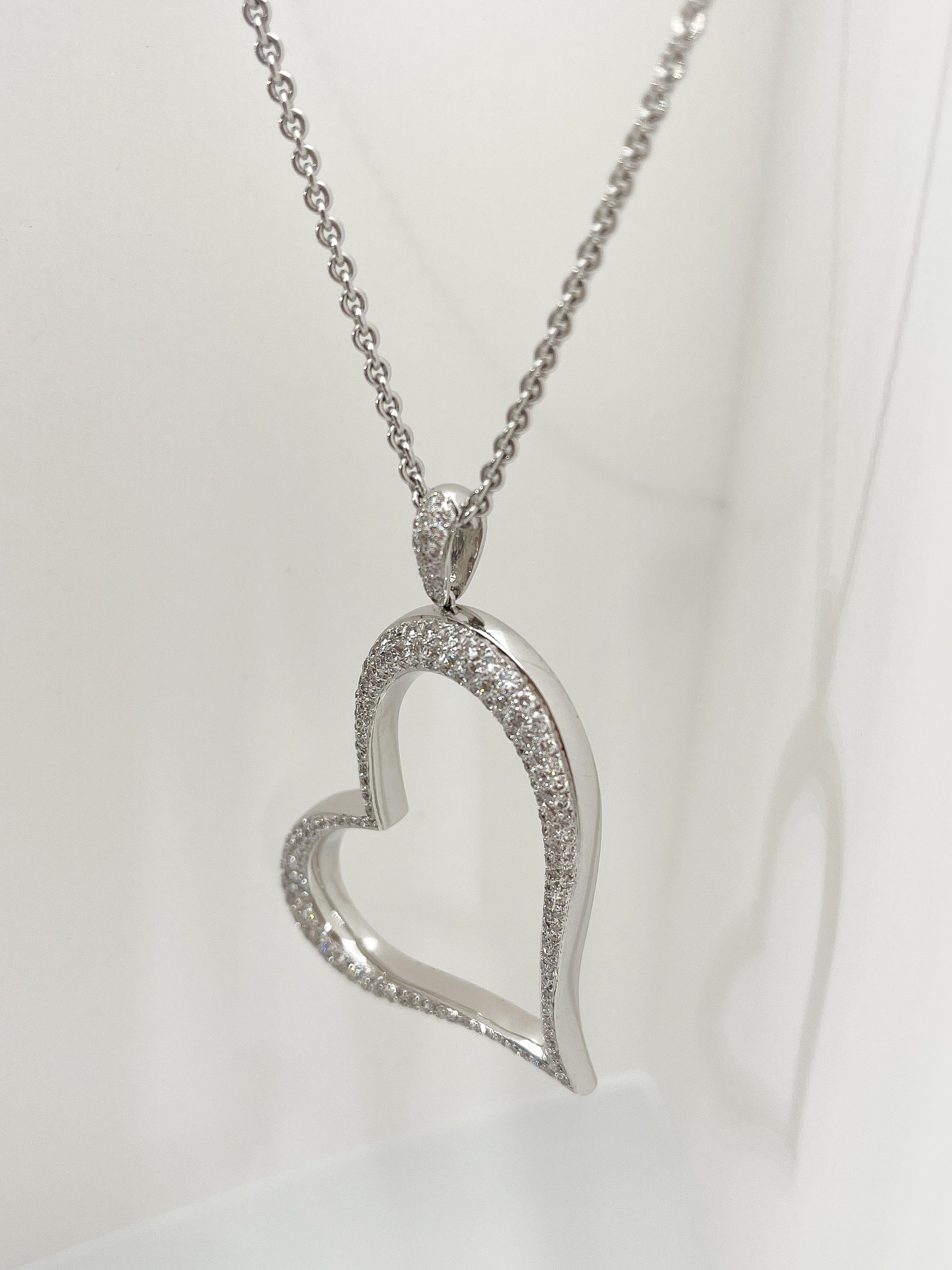 Round Cut 18K White Gold Diamond Pave' Contemporary Heart Necklace 2.36 CTW For Sale