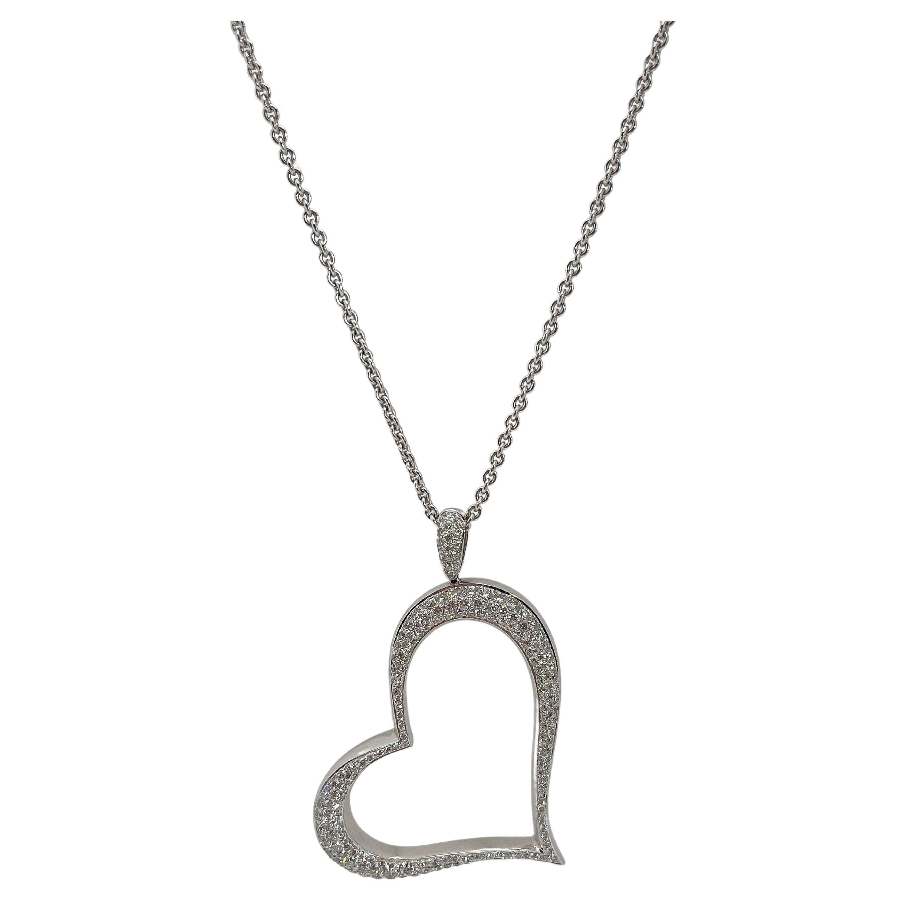 18K White Gold Diamond Pave' Contemporary Heart Necklace 2.36 CTW  For Sale