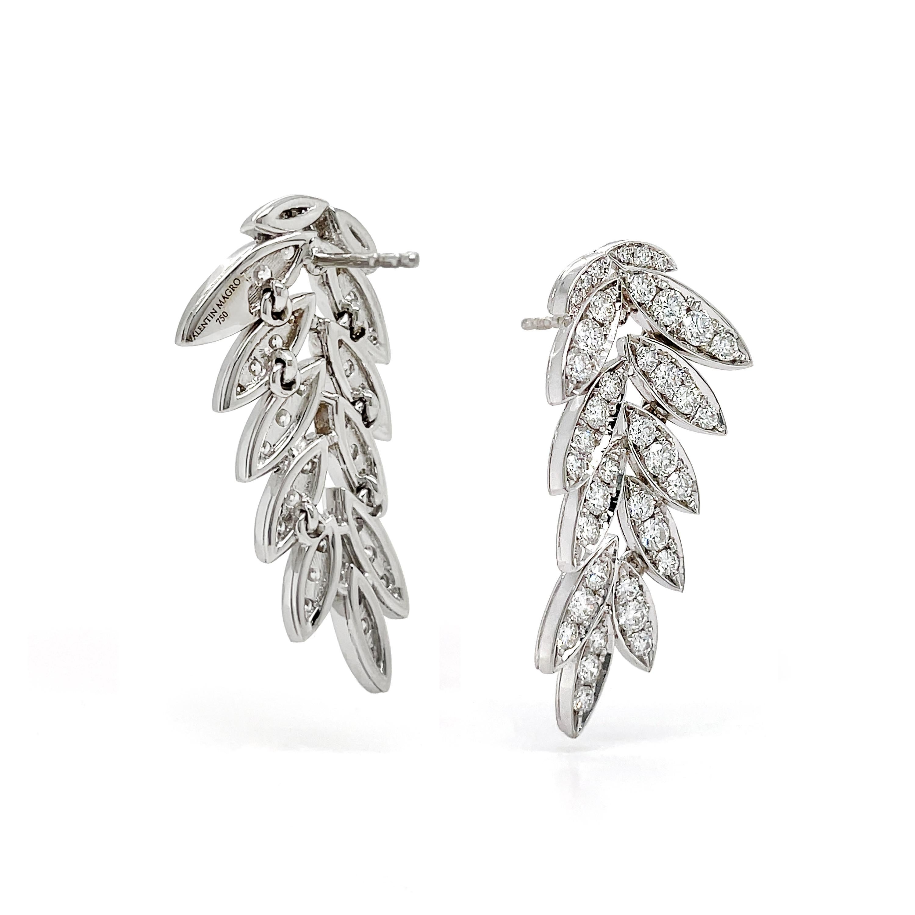 Diamant-Pavé-Ohrringe aus 18K Weißgold mit baumelnden Blättern für Damen oder Herren im Angebot