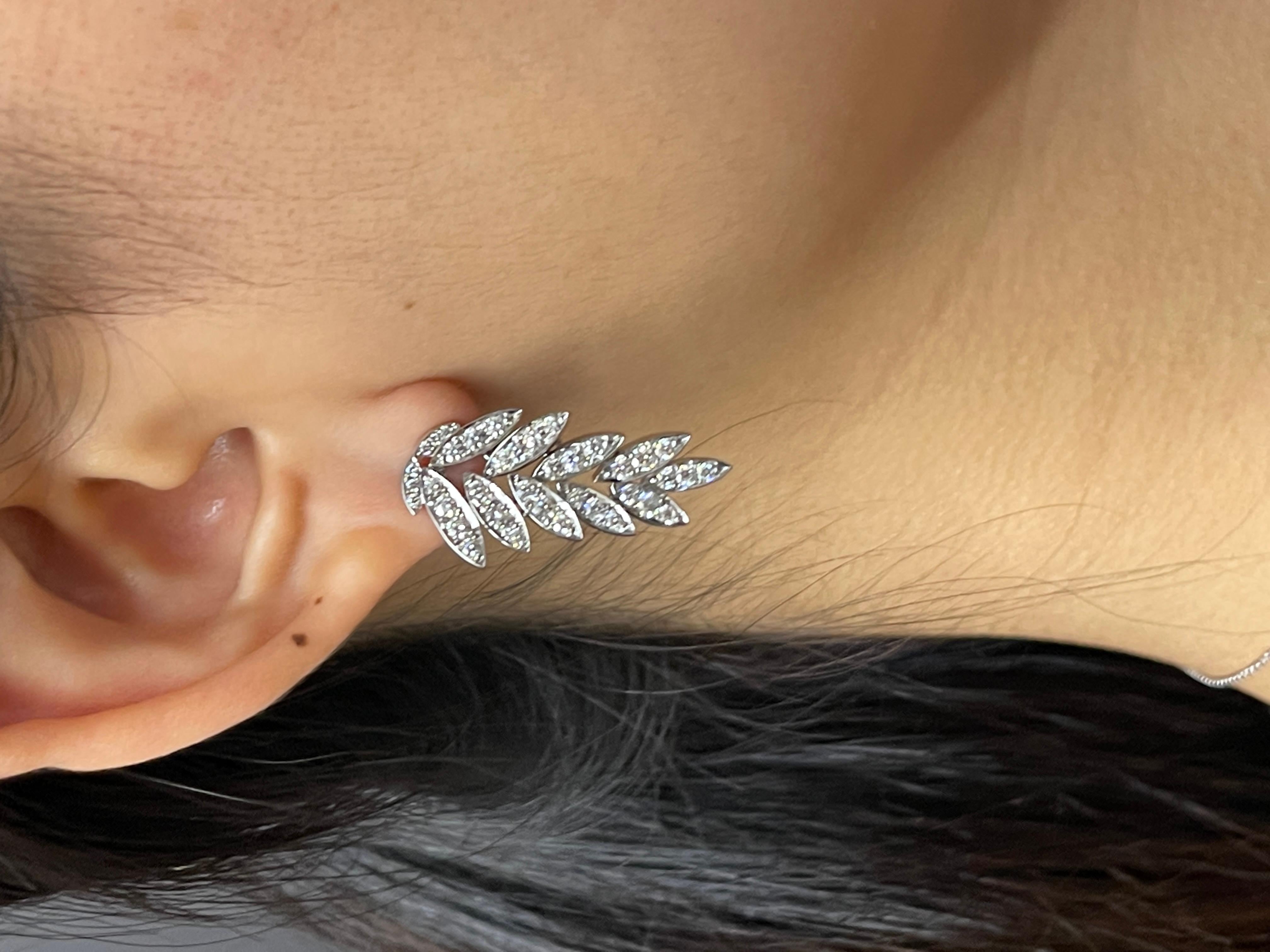 18K White Gold Diamond Pavé Dangling Leaf Earrings For Sale 2